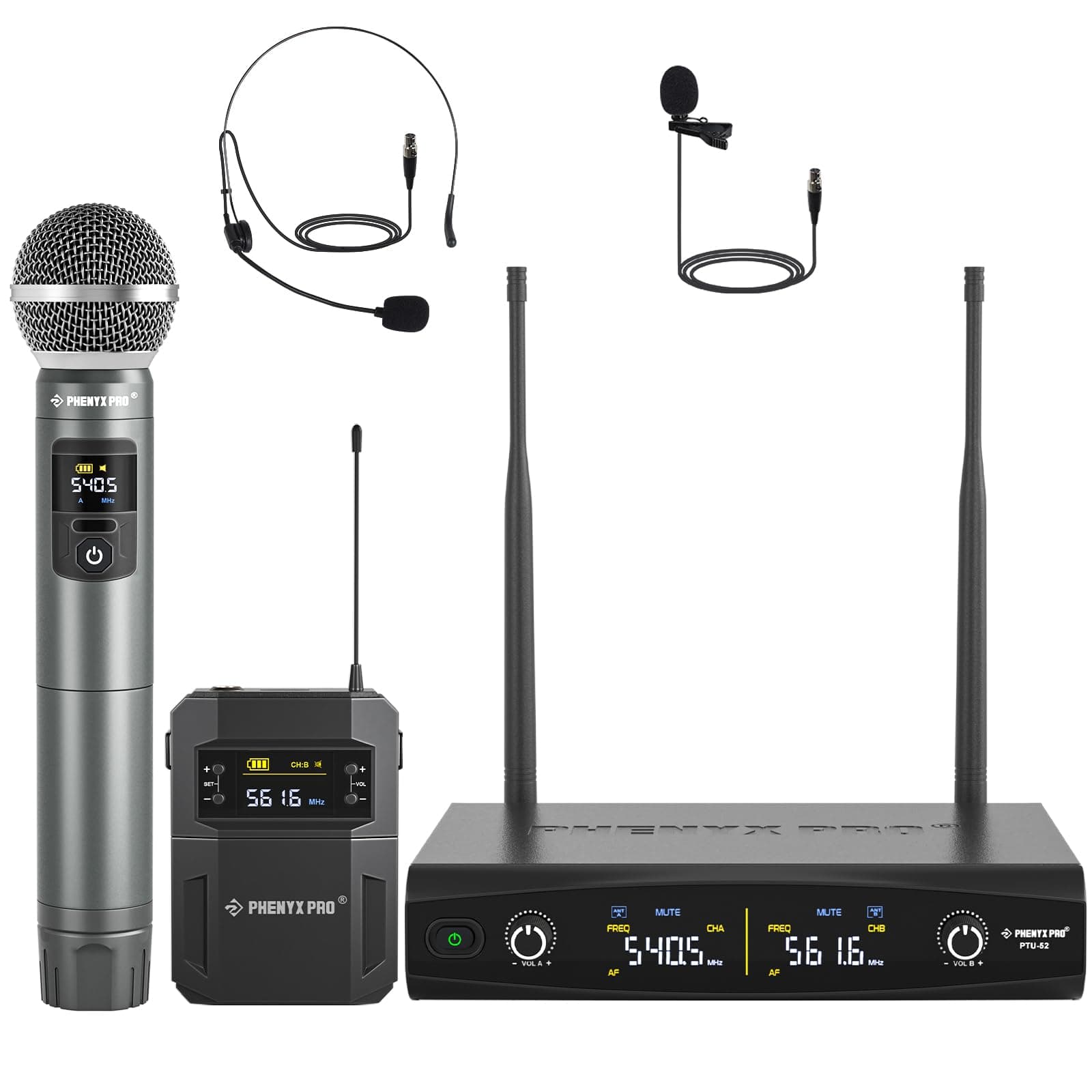 Wireless Microphone System, Metal Wireless Mic Set w/Handheld/Bodypack/Headset/Lapel Mics, 2x30 UHF Frequencies, 200 ft Range, Microphone for Singing, Karaoke, Church (PTU-52-1H1B)