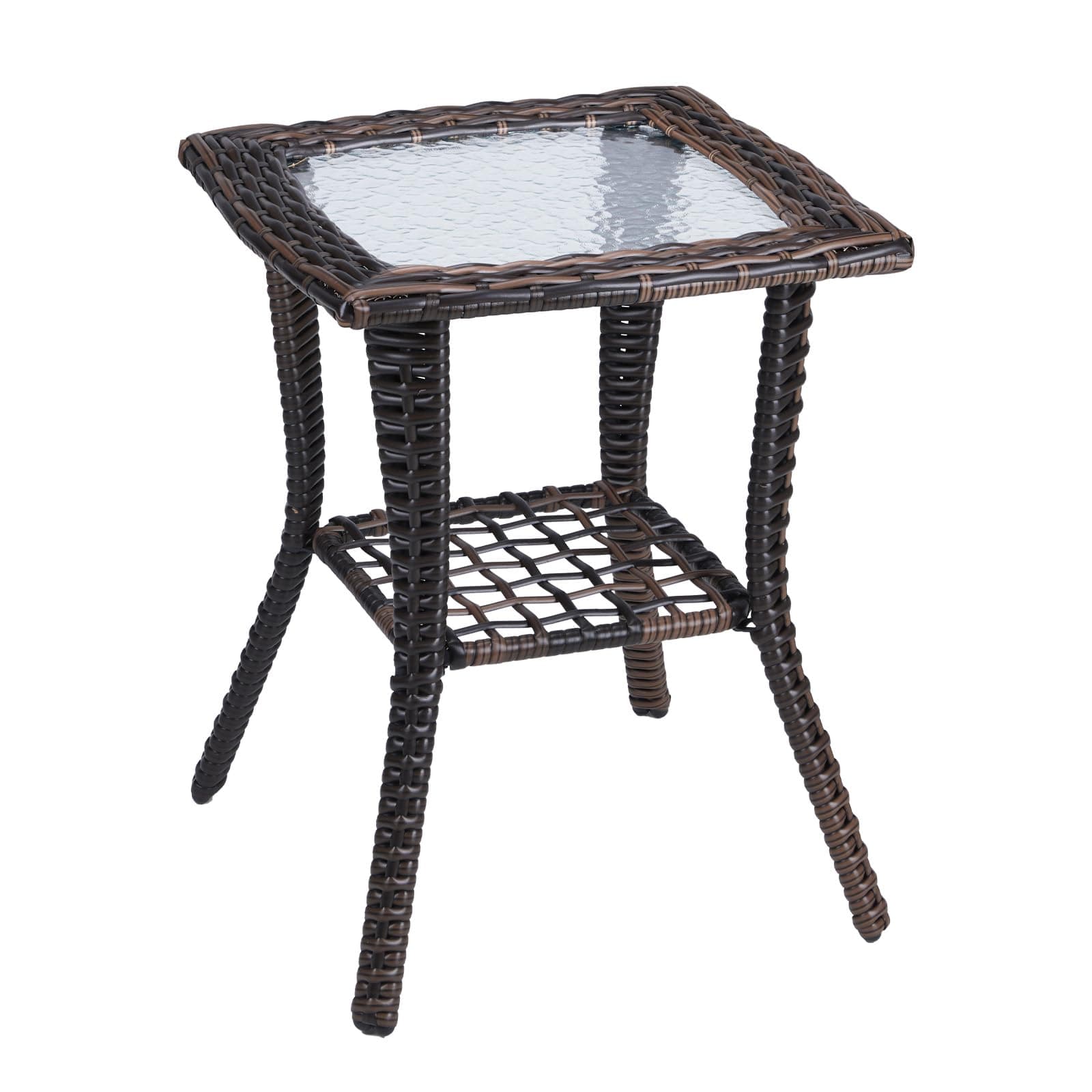 Outdoor Side Table with Storage Wicker Patio Side Table, Tempered Glass Top End Table for Balcony Porch Deck (Brown)