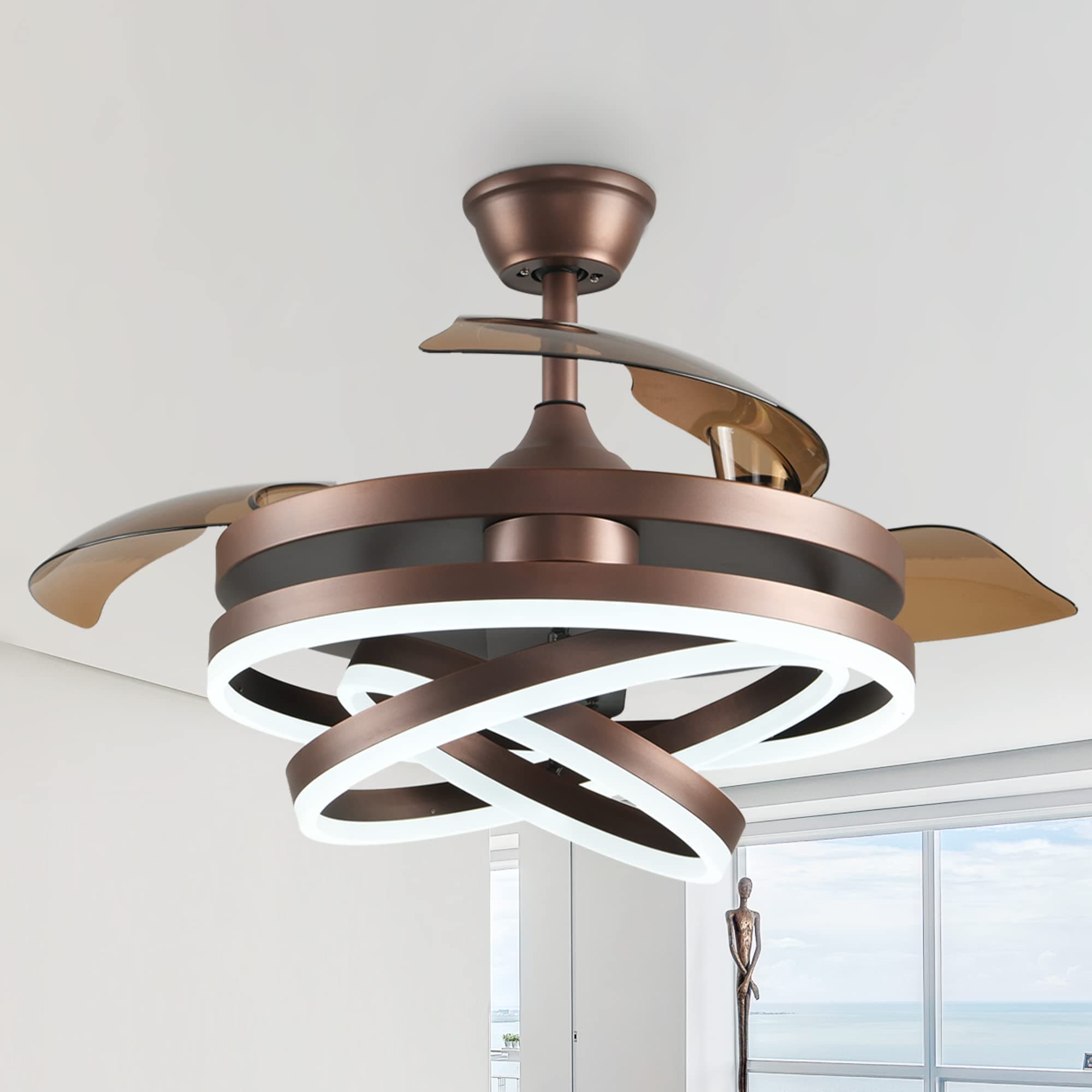 Curve Curio 42 Inch Retractable Ceiling Fan, DC Motor Ceiling Fans with Lights Remote Control for Living Room Bedroom,3 Color, 6 Speed