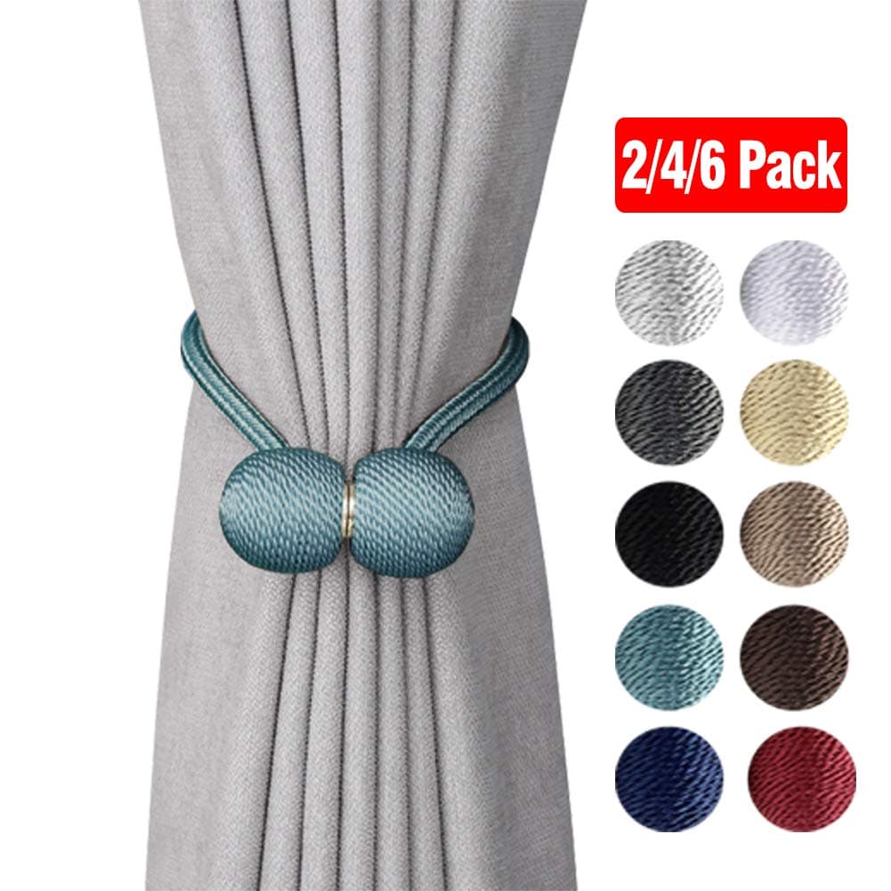 DEZENE Magnetic Curtain Tiebacks,The Most Convenient Drape Tie Backs,2 Pack Decorative Rope Holdback Holder for Big,Wide or Thick Window Drapries,16 Inch Long,Teal