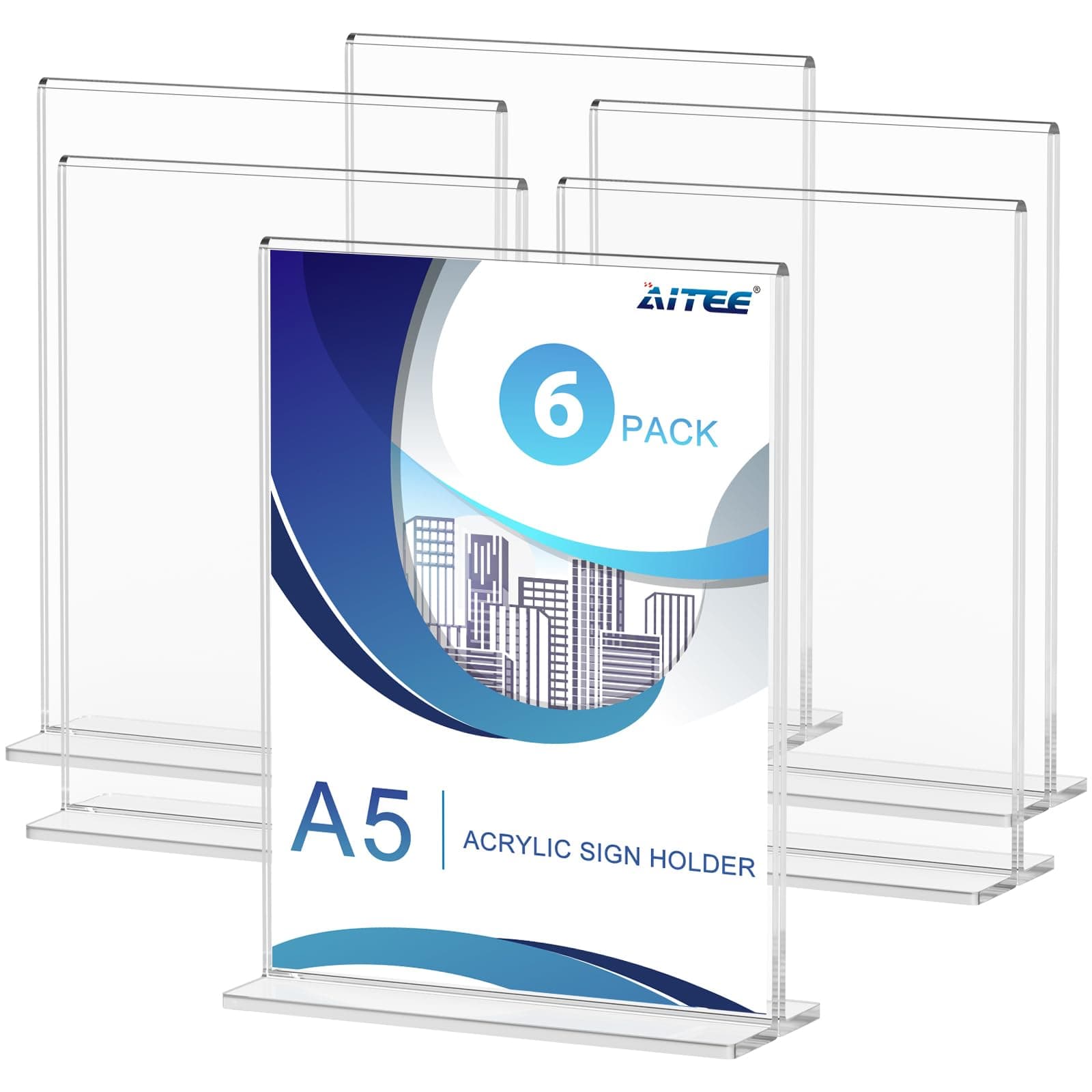 AITEE A5 Acrylic Sign Holder: 6 Pack Perspex A5 Menu Holder T-Shaped Double-Side Display Stand for Poster Restaurants Office Hotels Stores