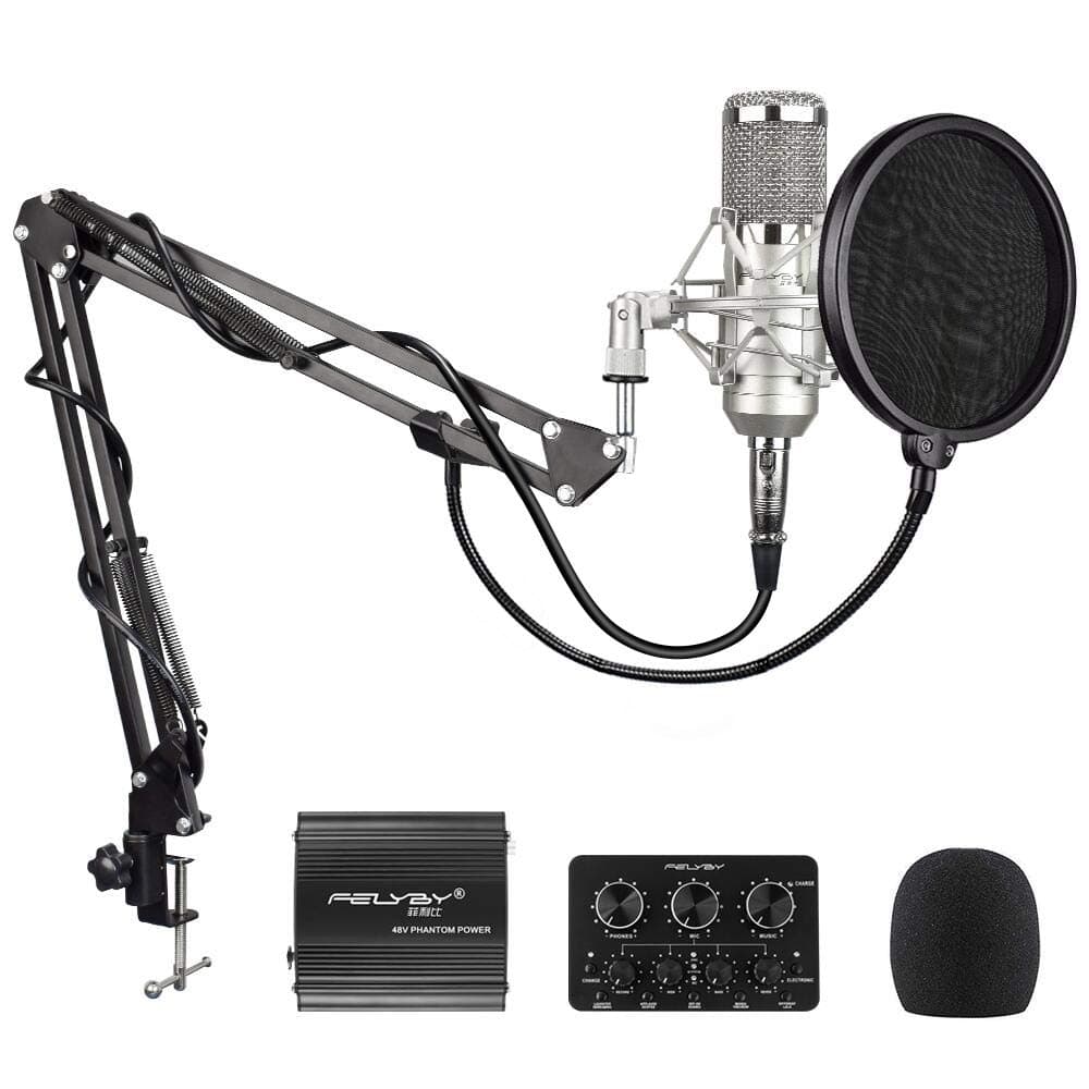 Recording Condenser Microphone, FELYBY Professional Studio Cardioid Mic Kit, Microphone with XLR Cable for Singing/Youtube/Streaming/Podcasting/Zoom Meeting (silver)