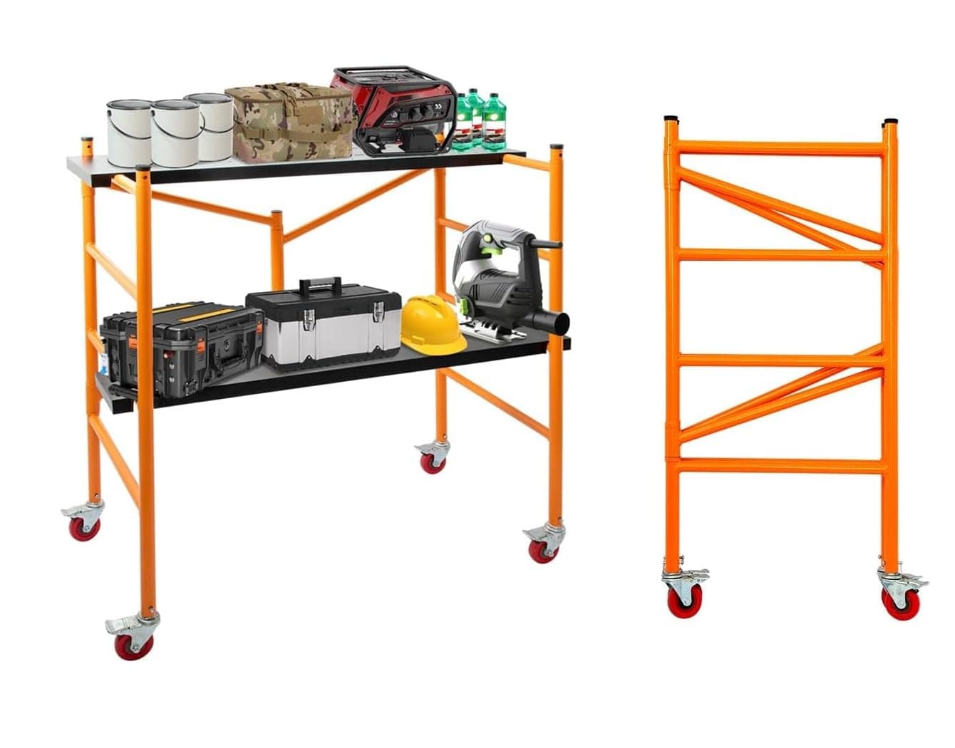 Multi-Purpose Scaffolding Platform, 800 LBS Capacity Rolling Steel Bakers Scaffolding Ladder with Locking Wheels, 4.5 ft High Adjustable Scaffold Set, Orange