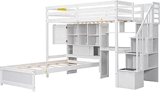 XD Designs Wood Bunk Bed Twin Over Twin Size with Built-in Desk and Staircase, Loft Bed & L-Shape Platform Bed with Storage Compartments and Shelves for Kids Teens Adults, Space-Saving (White-10.9)