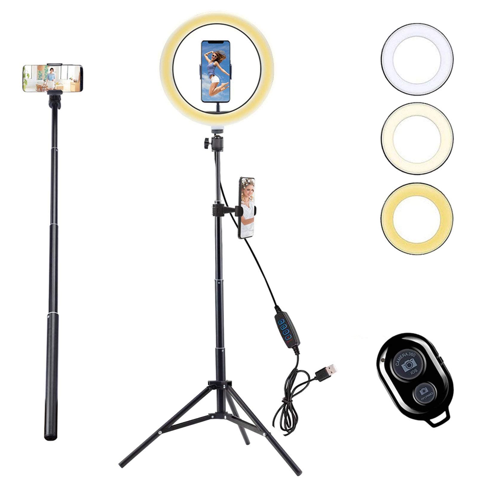Autaky LED Ring Light, 10" Selfie Ring Light With Tripod Stand & Phone Holder, Dimmable Ring Light for Live Streaming, YouTube, Makeup, Video, USB Powered 3 Light Modes & 10 Brightness Levels