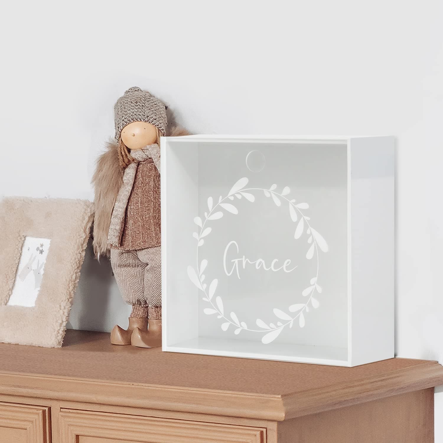 – White Acrylic Baby Memory Box, DIY Keepsake Box Storage Organizer, 8x8x3 in Clear Lid w/White Botanical Wreath for Baby Shower, Mother to be Gift, Pet Memorial Shadow Box