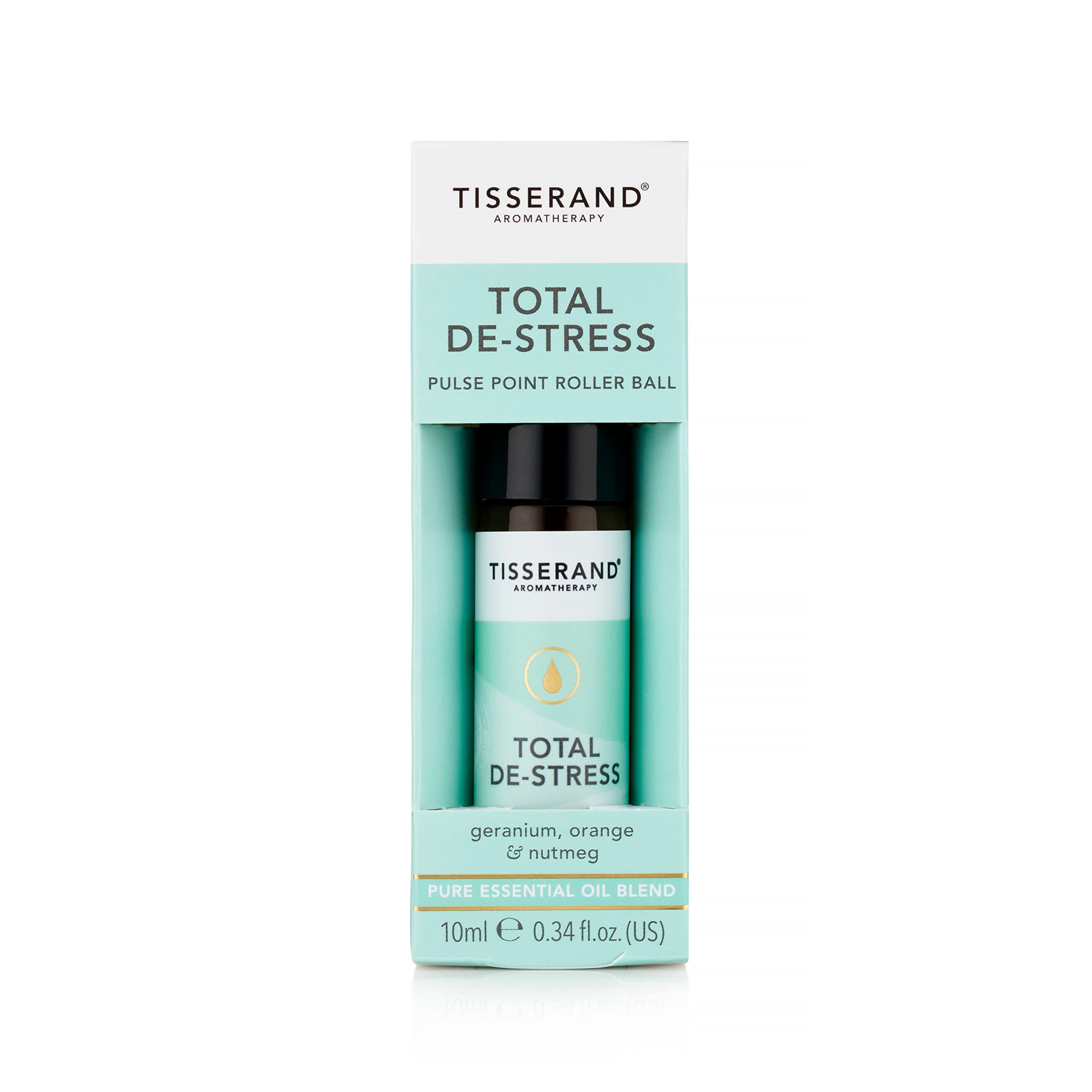Tisserand Aromatherapy | Total De-Stress | Geranium Pulse Point Aromatherapy Rollerball with Nutmeg & Orange | 100% Pure Essential Oil Blend | 0.34 Fl Oz