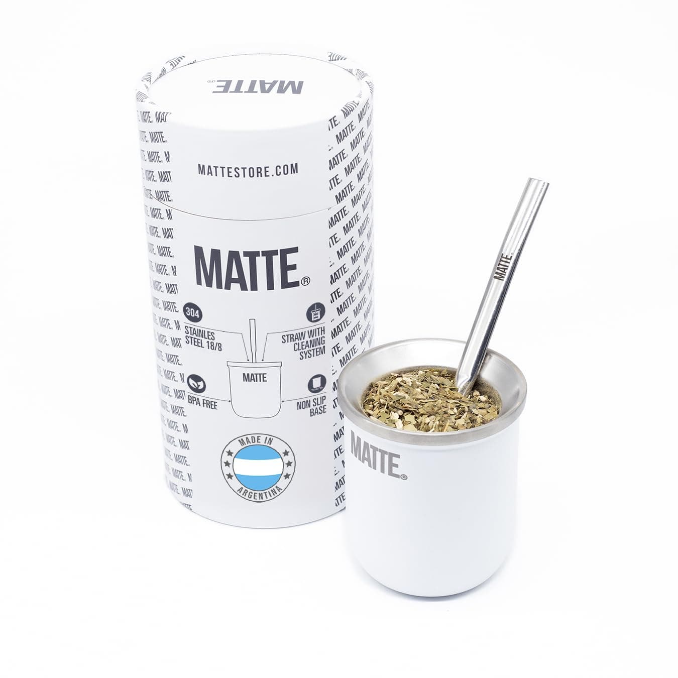 Matte Premium Yerba Mate Set – Includes Stainless Steel Mate Cup with Double-Wall Insulation, Bombilla Filter Straw, Cleaning Brush – Perfect for Tea Lovers, Hot & Cold Beverages (White)