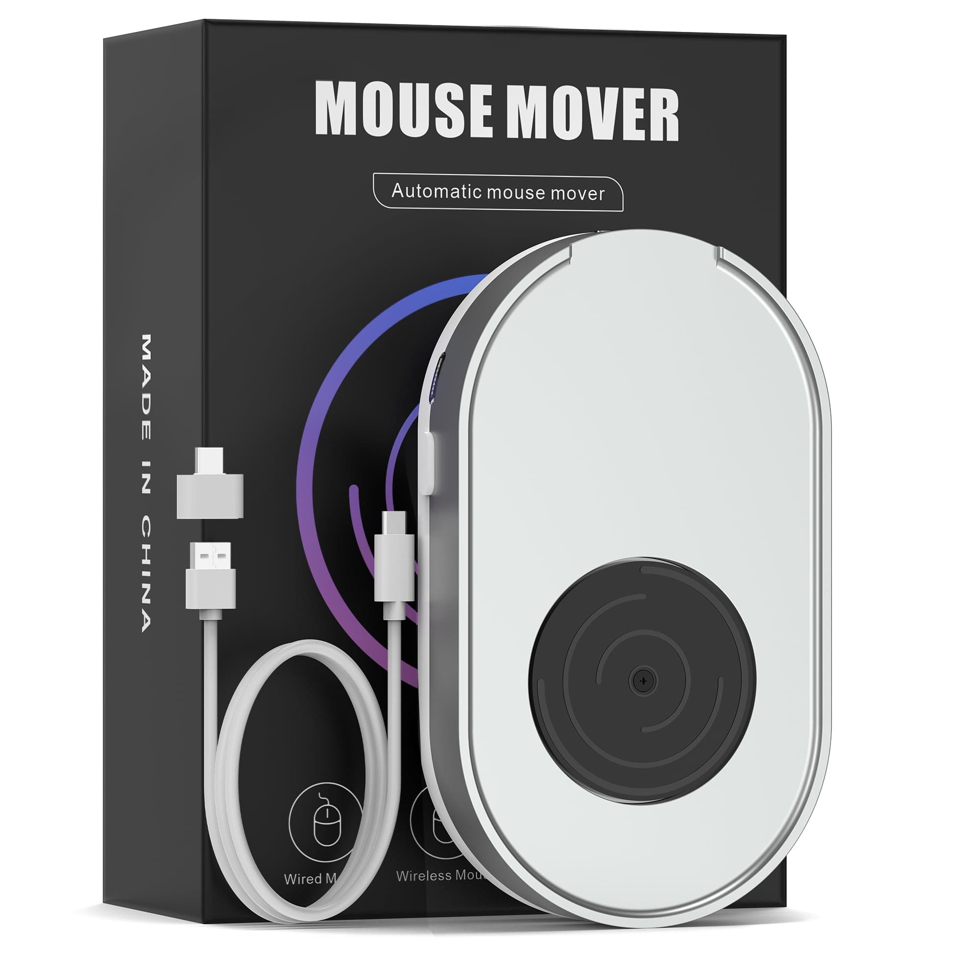 Mouse Jiggler, Undetectable Mouse Mover Device Wiggler Shaker with Drive Free USB Cable and USB Adapter, Physical Automatically Mouse Movement, Keep PC Screen Active, Silver
