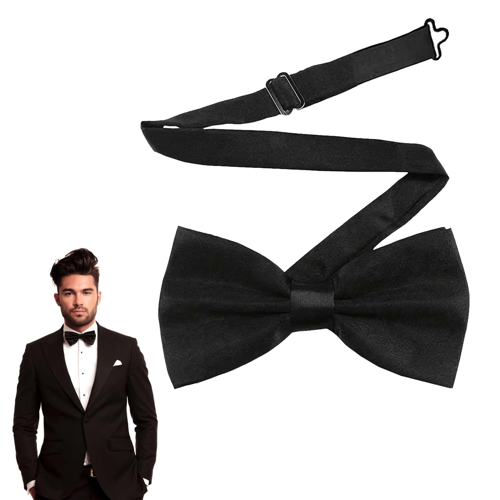 Classic Solid Color Pre-Tied Bow Tie for Men, Satin Tux Bowtie, Adjustable Formal Neck Bow Tie for Parties, Wedding (Black)