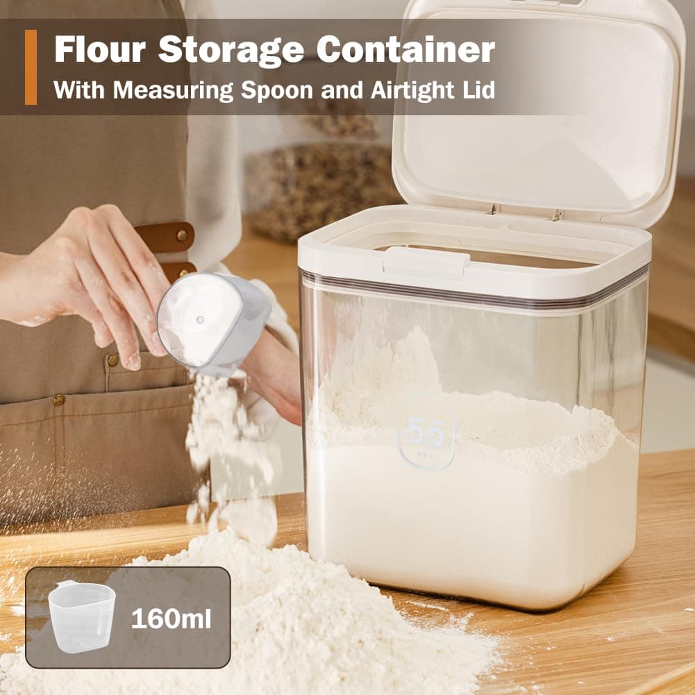 Rice Container 5.5 L, Flour Storage Container Airtight, Dry Food Storage Container with Measuring Cup, Plastic Cereal Container, BPA Free, Grain Bucket for Kitchen Storage, Cereal, Flour, Rice
