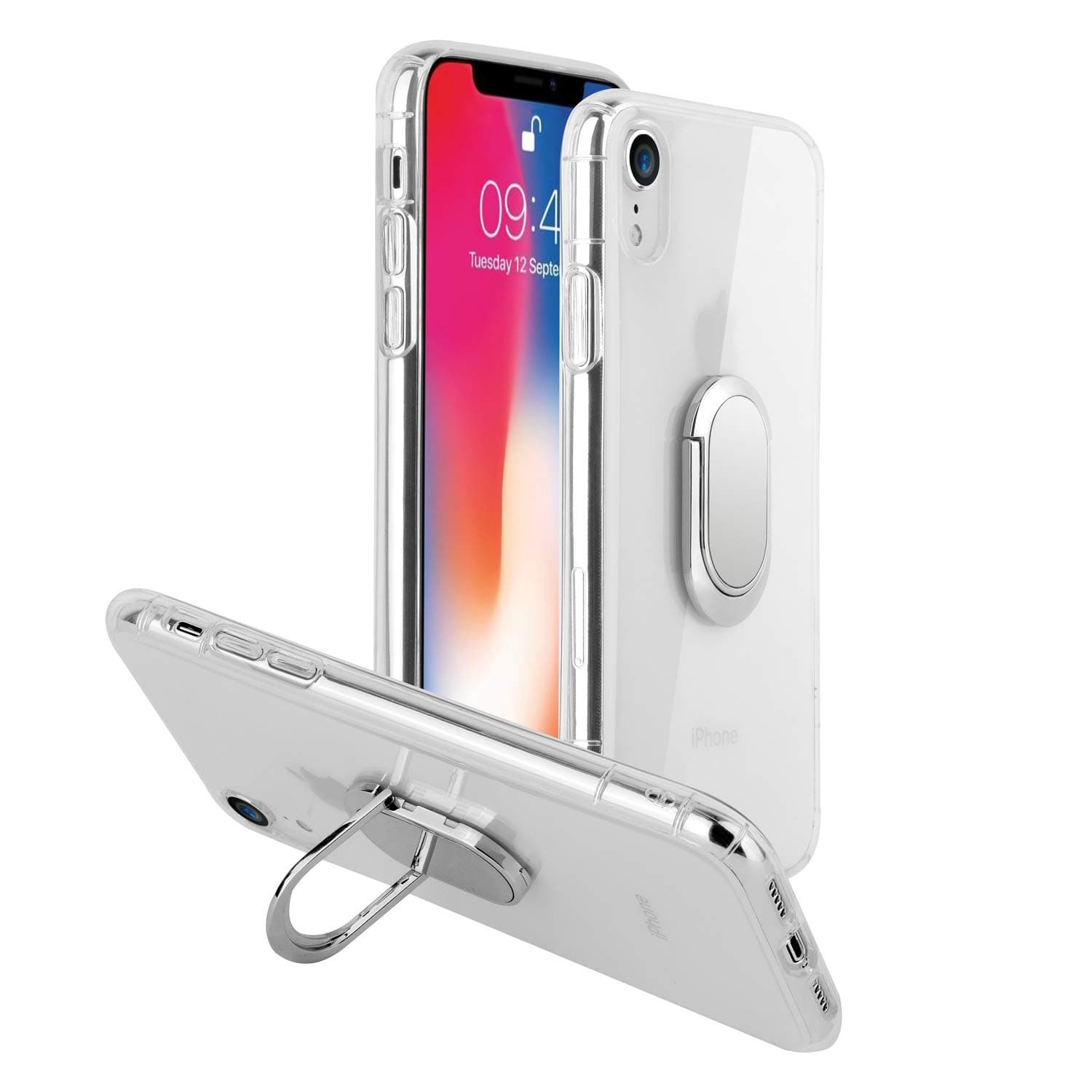 mgACC iPhone XR Case with 360 Rotating Ring Grip Holder Kickstand Function Magnetic Base, Ultra Slim Thin Hard Scrub Cover with Shockproof Protective for Soft TPU iPhone XR (Transparent)
