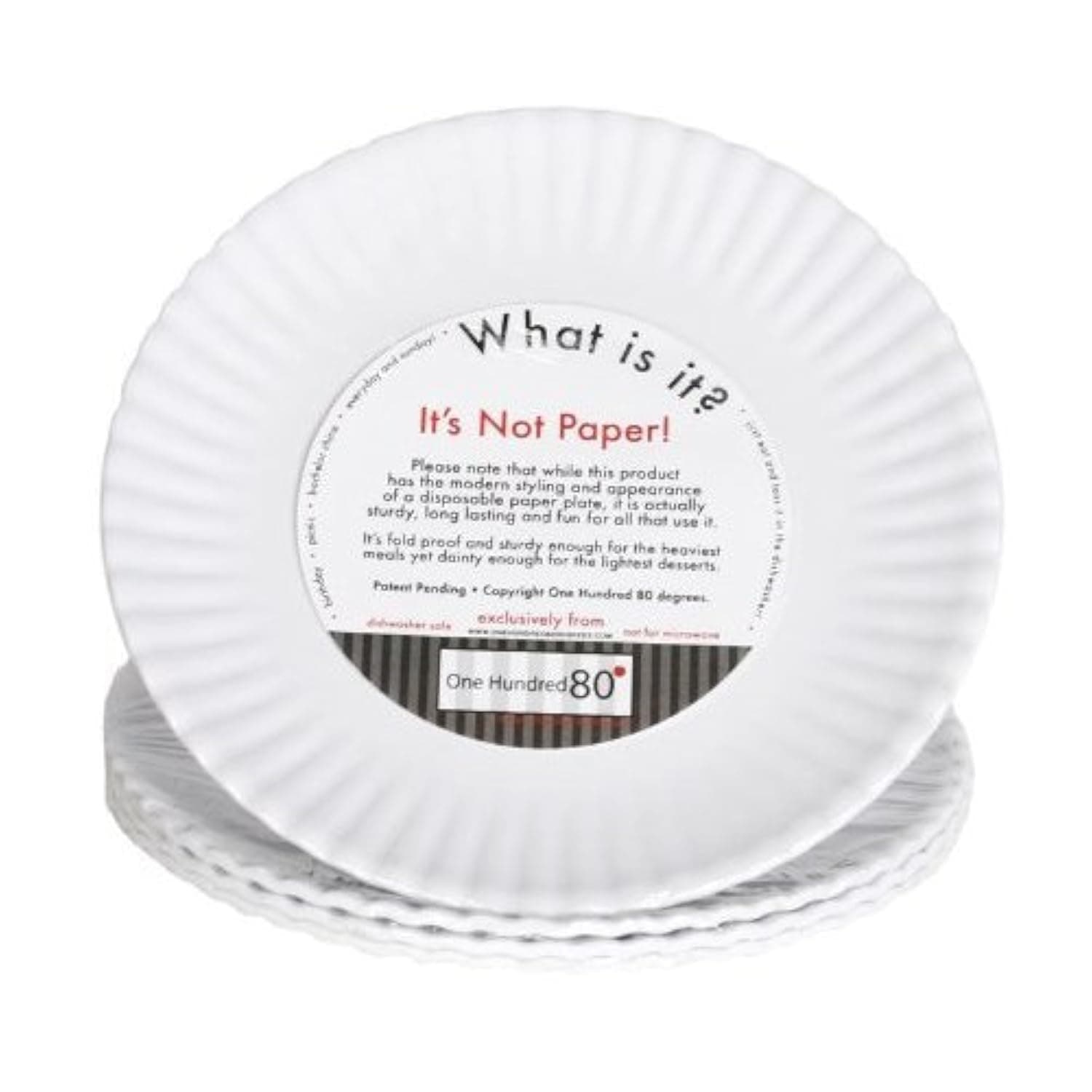 "What Is It?" Reusable White Appetizer or Dessert Plate, 6 Inch Melamine, Set of 4