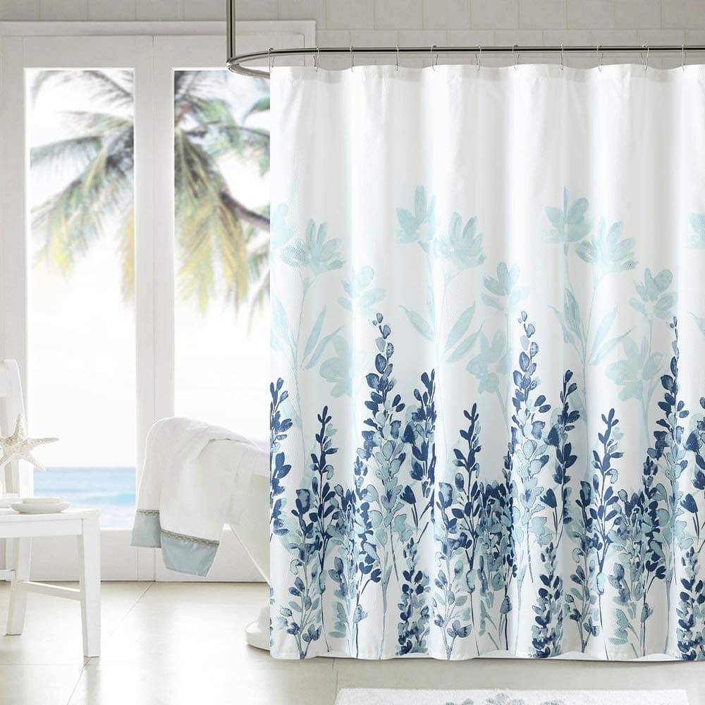 Shower Curtain, 100% Splash-proof and Mildew Resistant Polyester Fabric Bath Curtain with 12pcs Hooks 180x180cm for Home, Hotel and School (Blue pattern, 90GSM)