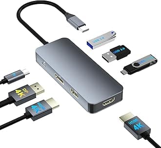 Docking Station Dual Monitor for Dell/HP/Mac, 7 in 1 Laptop Docking Station 3 Monitors with 2 HDMI 4K@60Hz/Displayport/3 USB/100W PD, Dual Monitor Adapter, Dual HDMI Adapter for 2 Monitors, USB C Hub