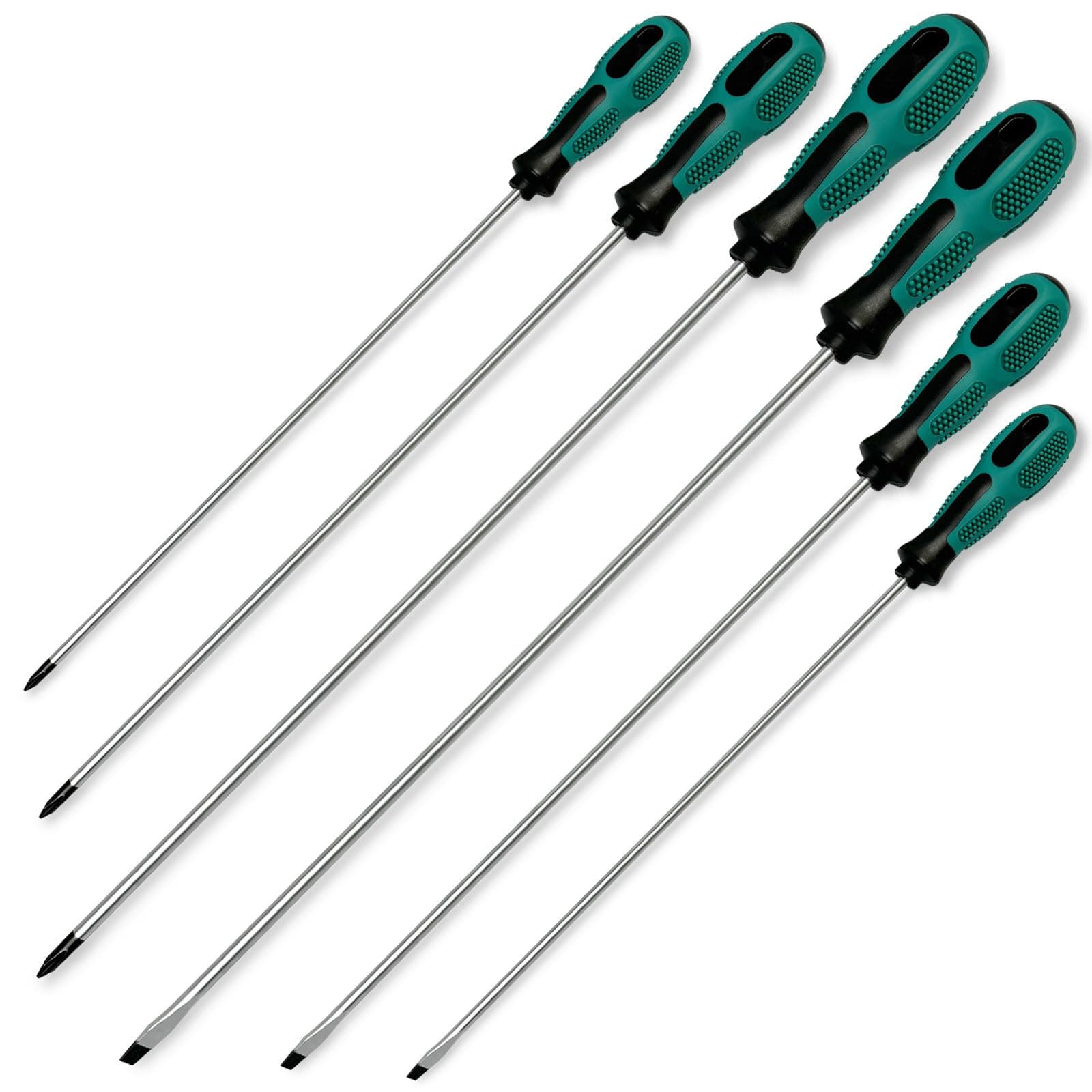 6 Piece Long Screwdriver Set - 3 Flat & 3 Cross Heads with Extra Long Reach (3 Sizes), Professional Magnetic Slotted Phillips Screwdrivers, Ergonomic Soft Grip Handles