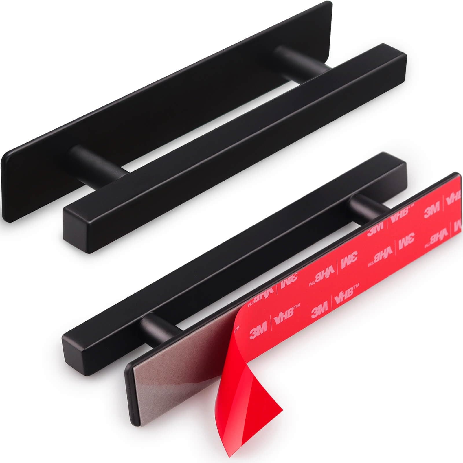 2 Pack Self Adhesive Cabinet Handles Matte Black No Drill Drawer Pulls Stick On Handle for Cabinets Closets Sliding Shower Doors, 6" Overall Length