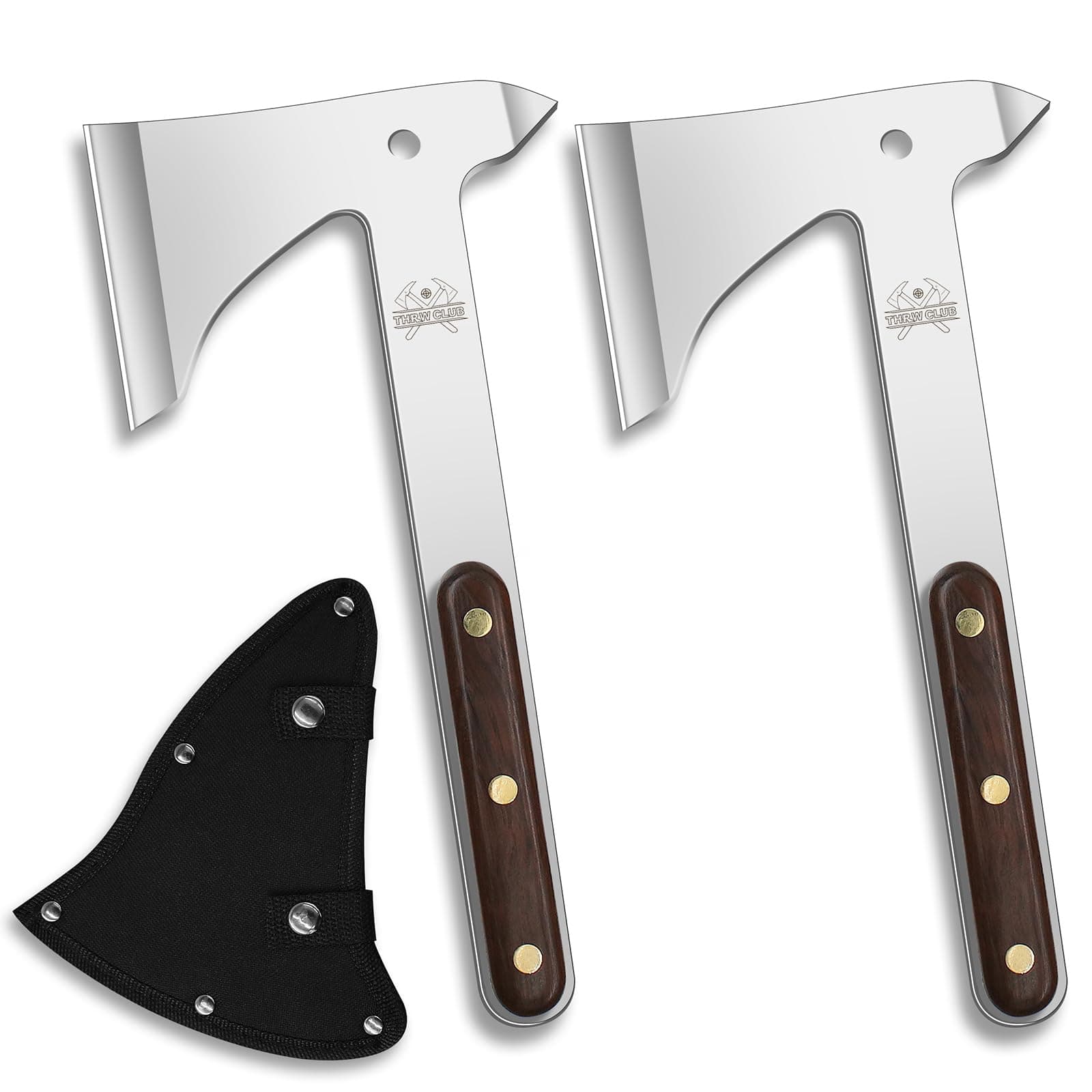 THRWCLUB Throwing Axes 2 Pack Set, 10.2" Throwing Axes and Tomahawks Full Tang Stainless Steel with Woodle Handle and Nylon Sheaths, Perfect for Axe Throwing Game, Competition and Recreation