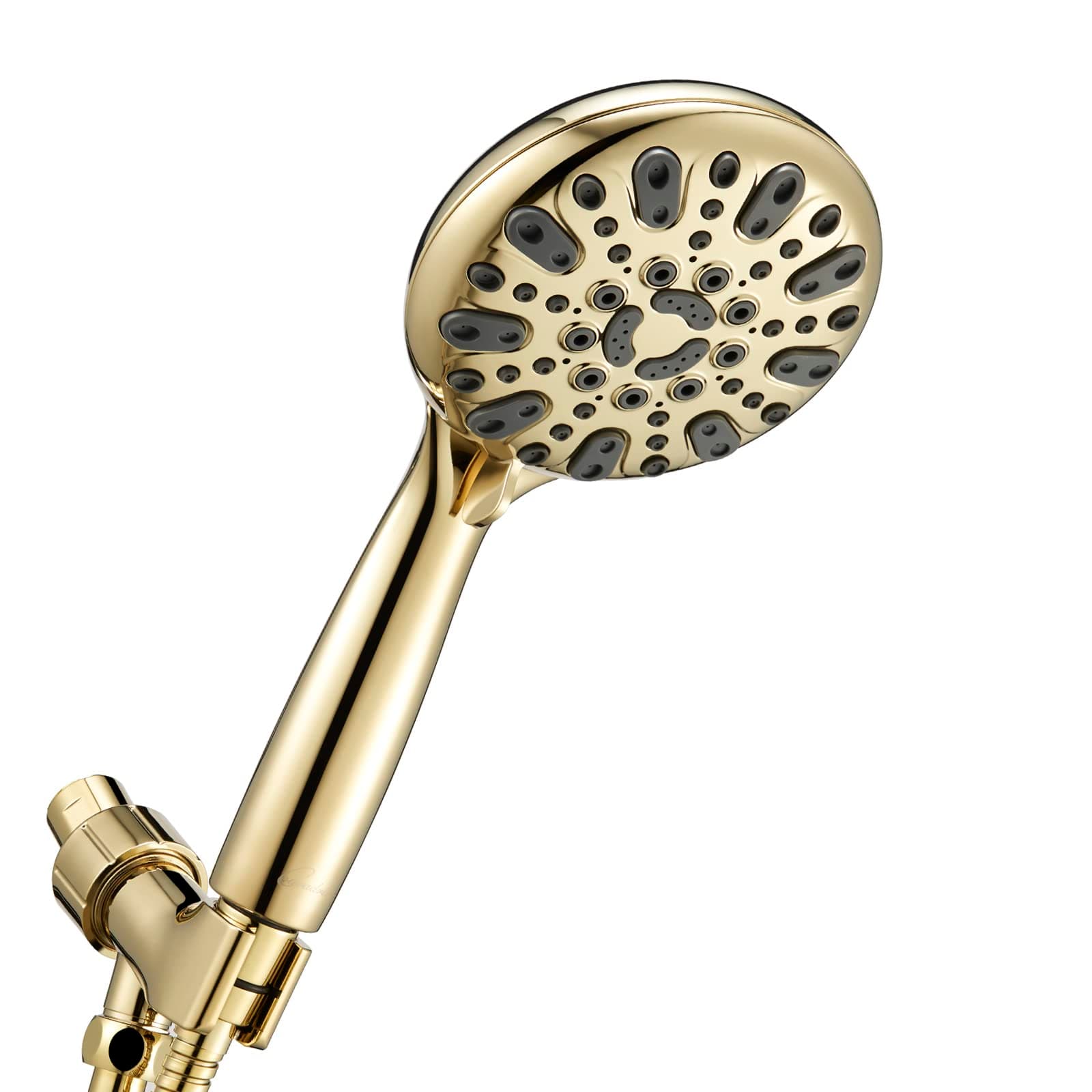 Handheld Shower Head, 6 Spray Setting High Pressure Shower Head with Brass Swivel Ball Bracket and Extra Long Stainless Steel Hose, Polished Brass, 5"