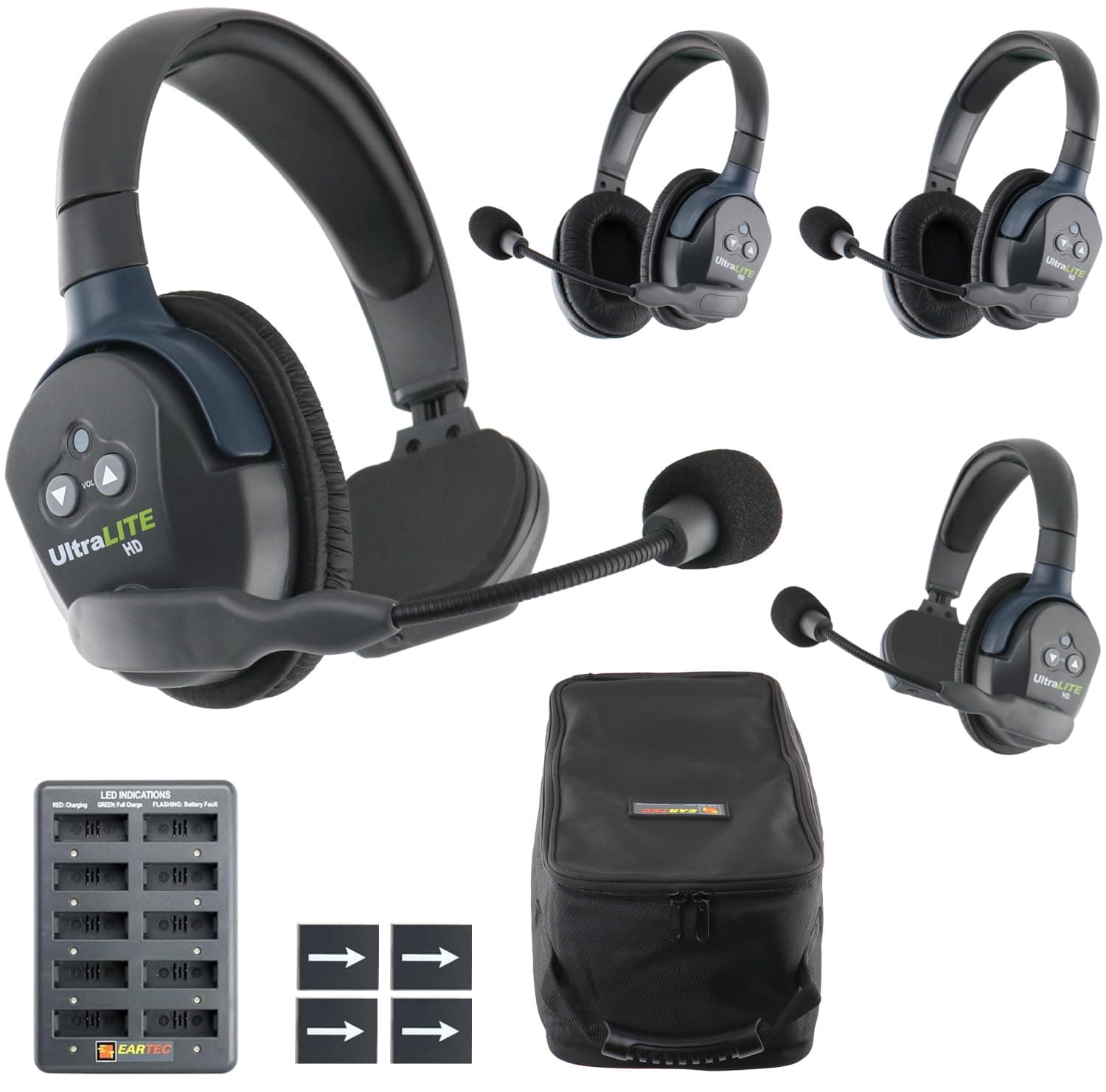 Eartec UL422 UltraLITE Full Duplex Wireless Intercom 2 Way Communication System - 1 ULSM Single-Ear Master Headset, 1 ULSR Single Ear Remote Headset and 2-Pack of ULDR Dual-Ear Remote Headsets