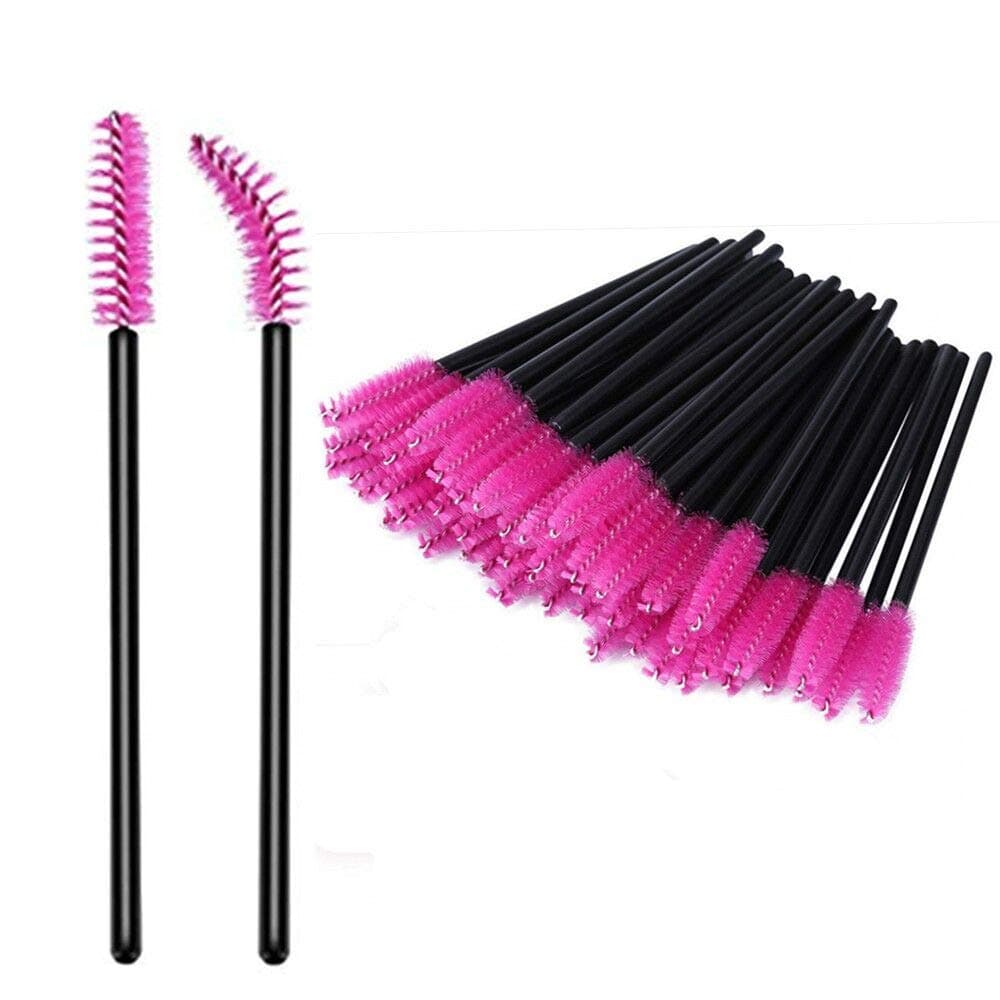 100 Pack Disposable Eyelash Brushes tools, Mascara Wands Brushes Eyebrow Applicator Makeup Brush Kits (Black Handle- Rose Red Head)