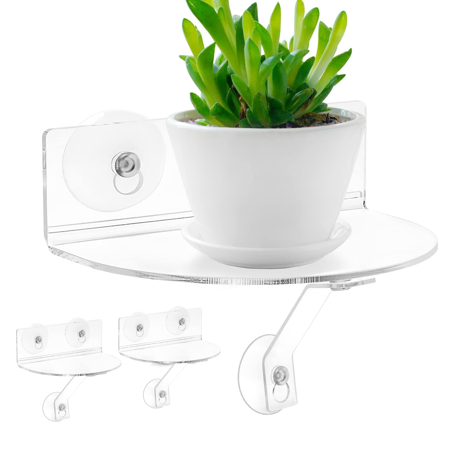 2-Pack Acrylic Window Plant Shelves with Suction Cups & Support Brackets - Semicircular Window Sill Extender for Herb Pots, Succulents, Flower Boxes, Micro Greens | Indoor/Outdoor Use