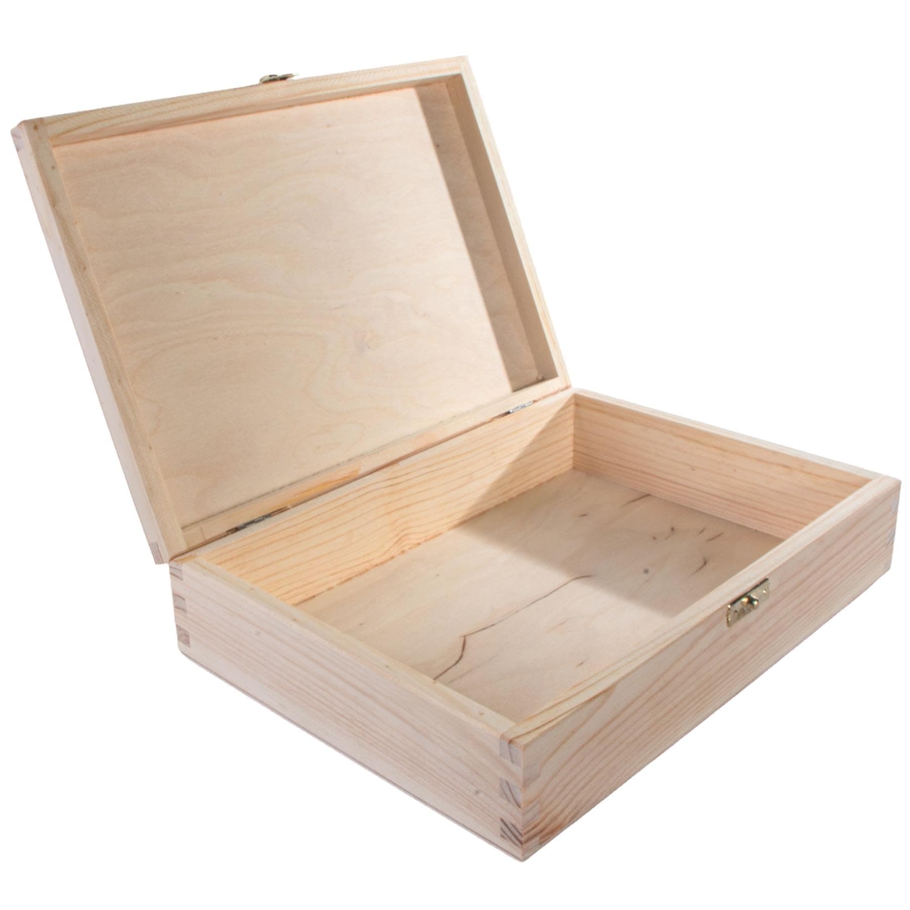 WooDeeDoo Shallow Rectangular Wooden Storage Box with Hinged Lid and Clasp – 26.5 x 19 x 6.5 cm – Unpainted Pine Box for Jewellery Crafts Gifts Keepsakes Decoupage Painting Engraving DIY