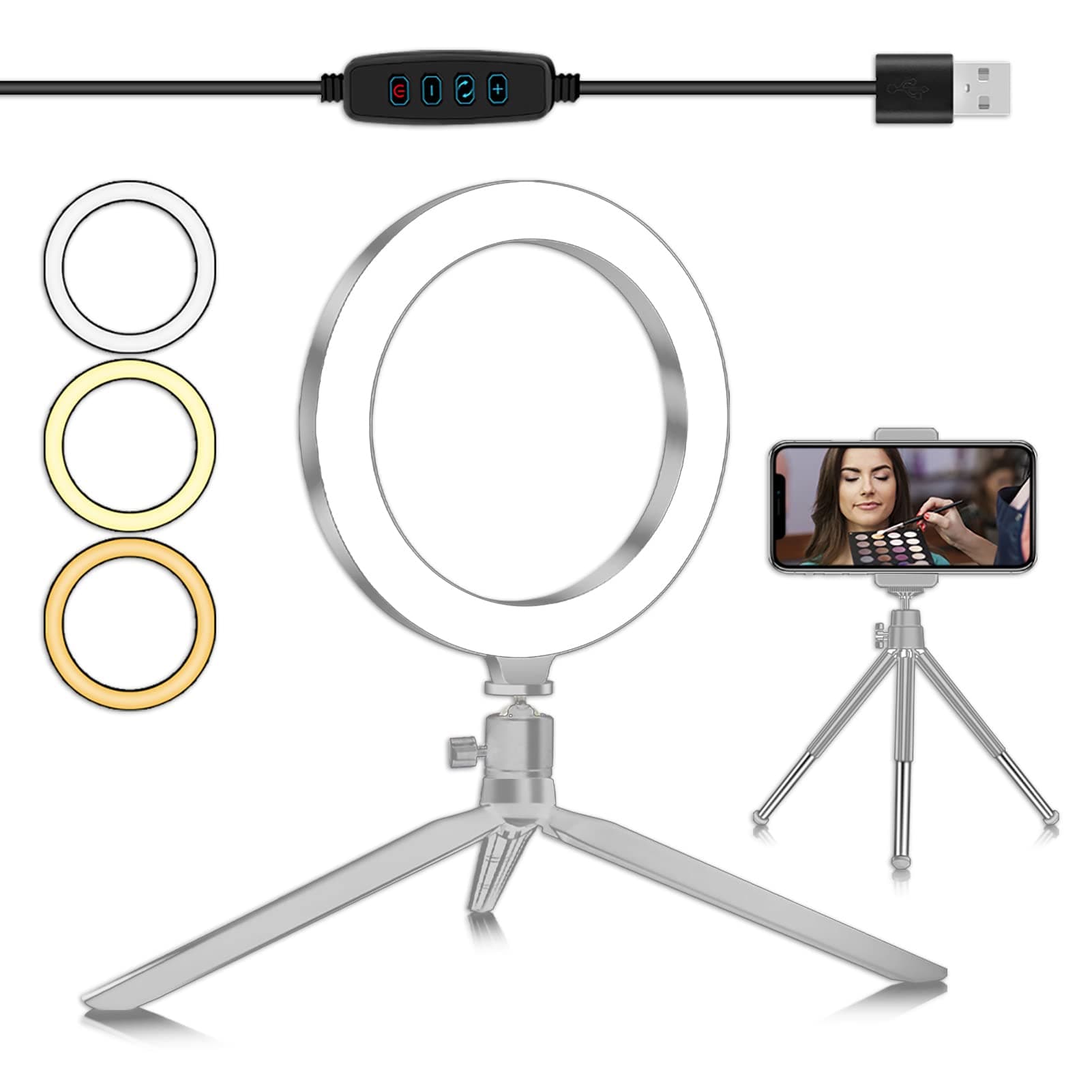 AUTOPkio LED Ring Light 20cm/7.87" with Tripod Stand for YouTube Video and Makeup Mini LED Camera Light with Cell Phone Holder Desktop Lamp with 3 Light Modes 10 Brightness Level