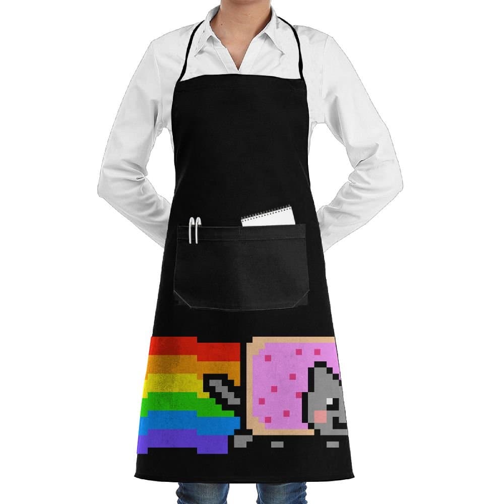 8-bits Pixel Nyan Cat Novelty 3D Print Water Resistant Polyester Kitchen Apron With Big Pockets Machine Washable Easy Care Twill Sewing Bib Apron For Cooking BBQ Party