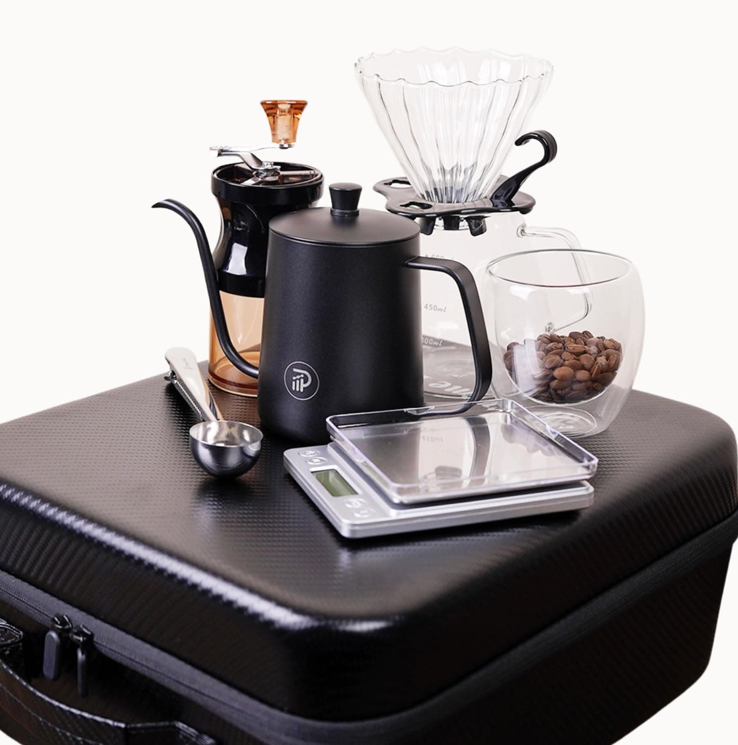 Prime Perks® | V60 Pour Over Coffee Set - Portable Coffee Maker with Kettle, Scale, Double Walled Mug, Glass Server, Manual Grinder, 100 Filters, Travel Coffee Kit, Coffee Gift Set, Coffee Lover Gift