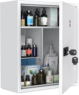 Wall Mount Medicine Cabinet for Bathroom, Locking Medicine Cabinet with Combination and Key Lock Resettable Black Digital Security Storage Box, White