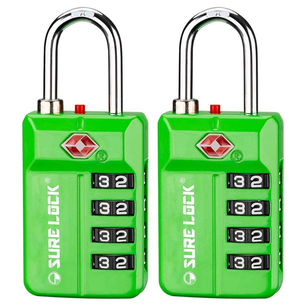 SURE LOCK TSA Approved 4-Digit Resettable Combination Luggage Locks with Open Alert, Easy-Read Dials - for Luggage, School Lockers, Gym, Office, Toolbox & Security Cases(Green 2 Pack)