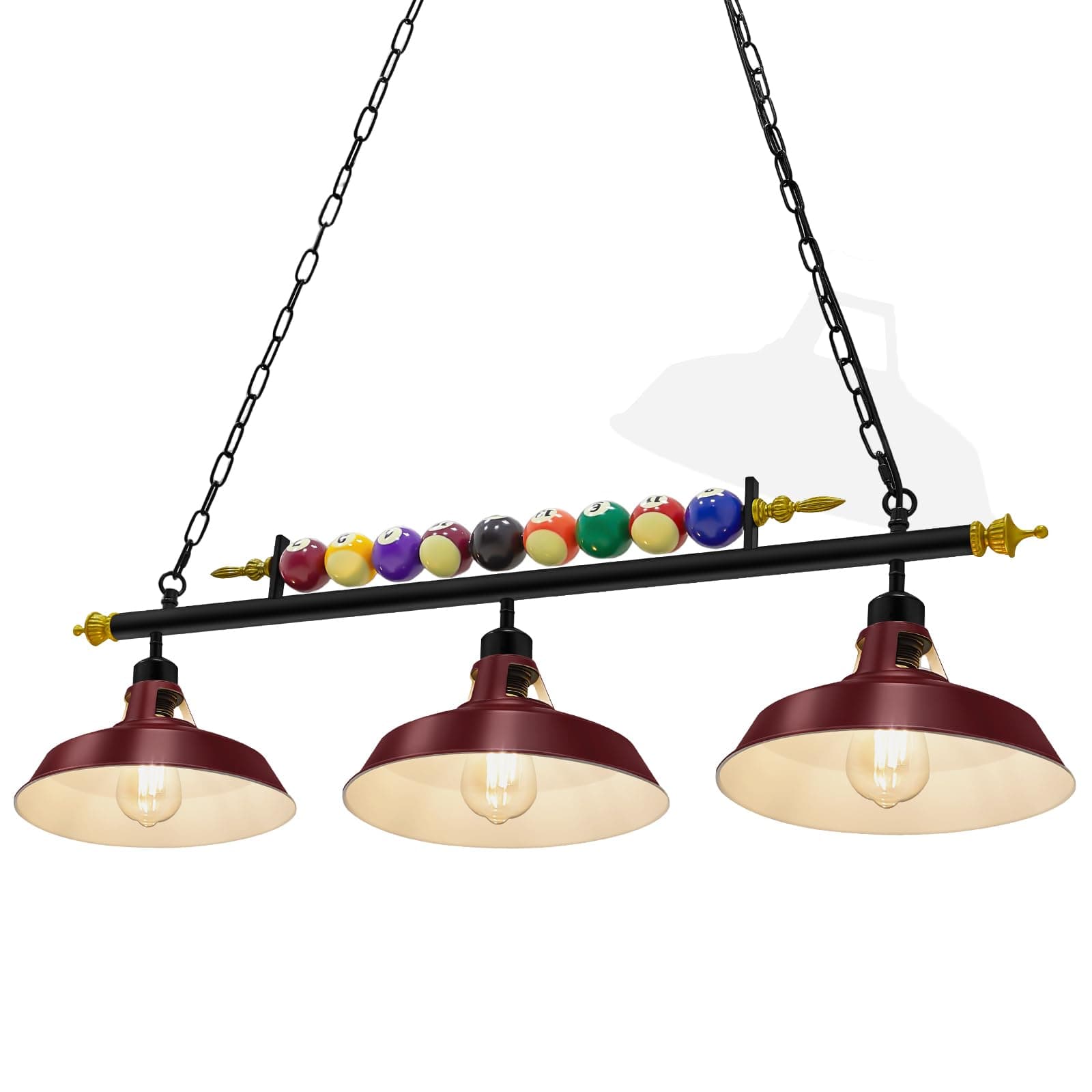 Adjustable Pool Table Lights for 7'-8' Billiard Light Hanging Pool Table Fixture Lighting Pendant Lamp with Metal Shades for Game Rooms (Bulb Not Included)(Burgundy Red,3 Lights)