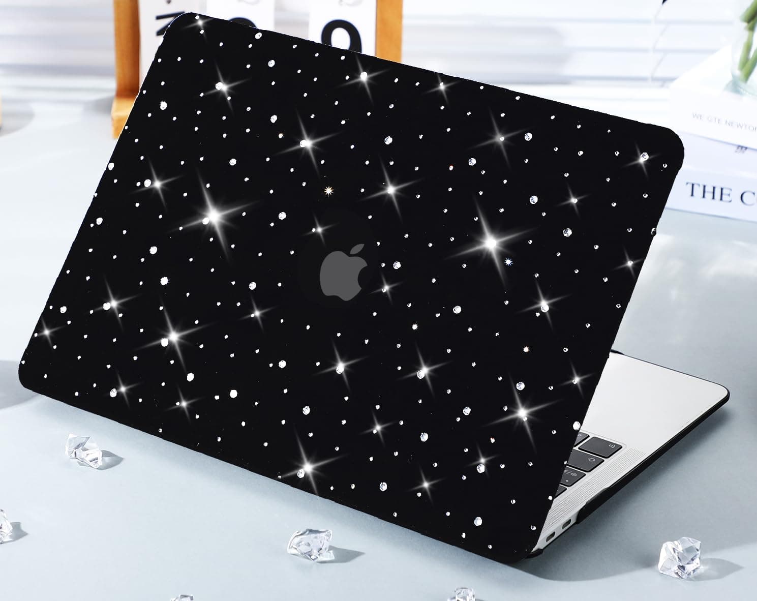Diamond Case for MacBook Pro 13 inch 2024-2016 M2 M1 A2338 A2289 A2251 A2159 A1989 A1706 A1708, Luxury Bedazzled Bling Shiny Sparkle Glitter PU Leather Hard Shell Case & Keyboard Cover, Black