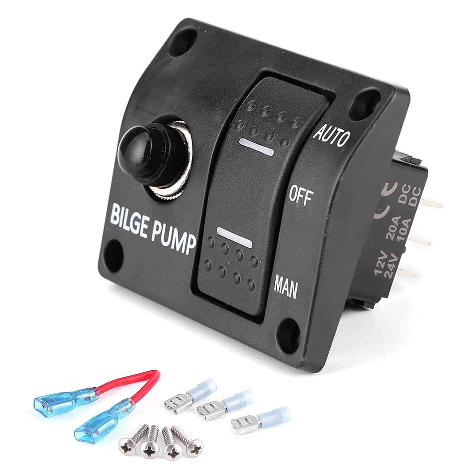 3 Way Bilge Pump Switch Panel with LED Indicator, Control DC 12V/24V Bilge Pump, Built in 15a Circuit Breaker for DC Bilge Pumps with Automatic Float Switch Auto/Off/Manual