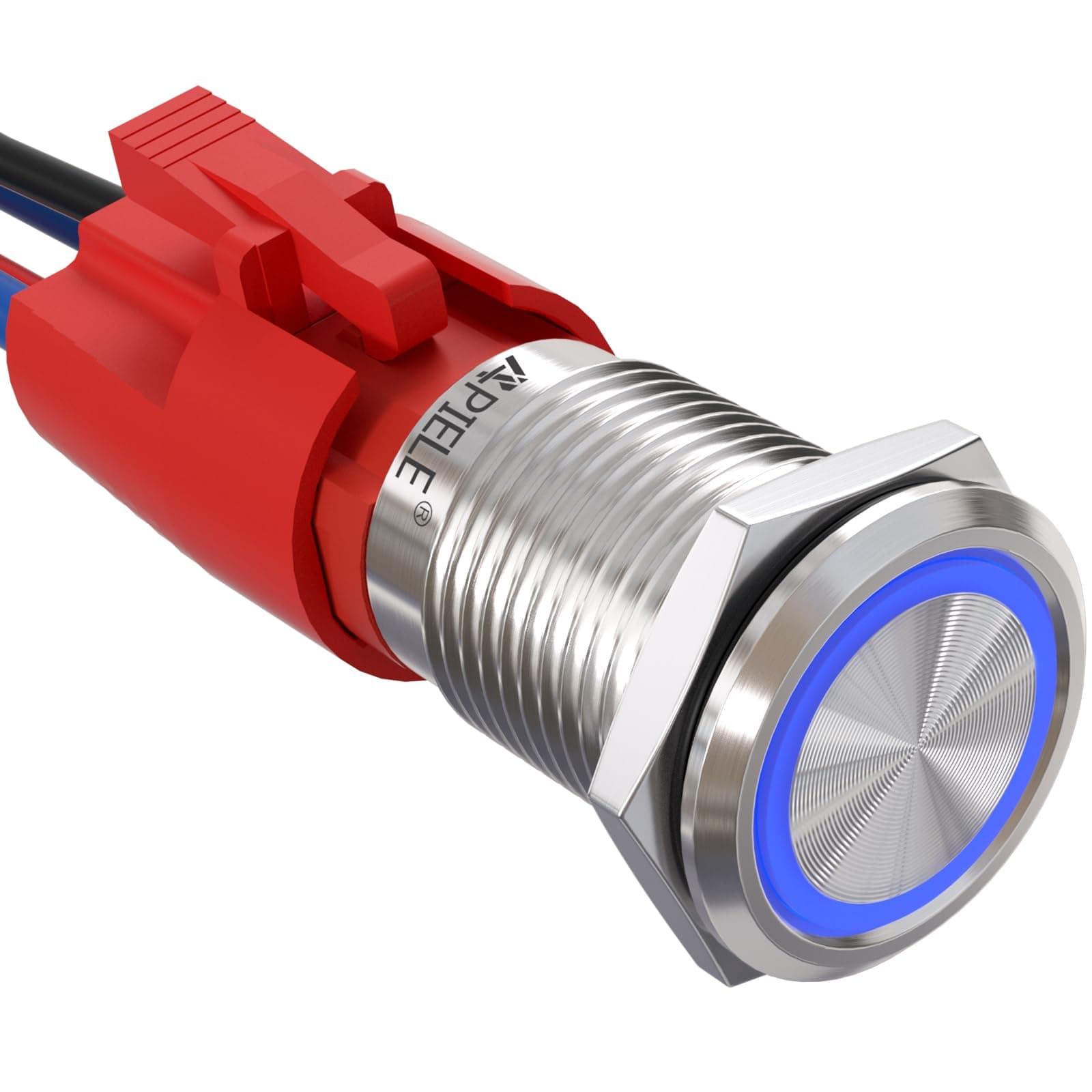 APIELE 10 Amp 16mm Latching Push Button Switch 12V Angel Eye LED Waterproof Round Self-Locking 1NO (Silver Stainless Steel, Blue)