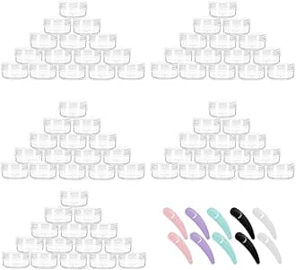 Refillable Cosmetic Sample Jars - 100 Pack 10g (0.35oz) Clear Small Travel Containers with Lids + 10 Mini Makeup Spatulas - BPA Free