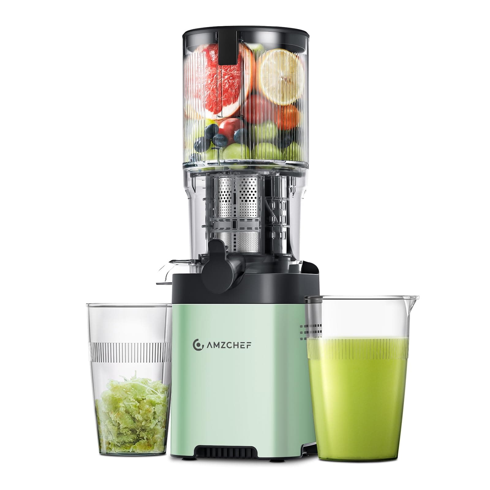 AMZCHEF GM3001 Slow Juicer Powerful Juicer for Fruit and Vegetables with 2 Speed Modes, 2 Travel Bottles (500 ml), LED Indicator, Cleaning Brush and Quiet Motor - Green
