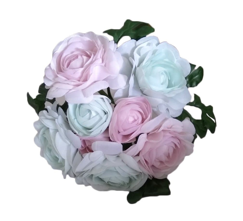 Linshing-Artificial 8 Heads Tea Rose Silk Bouquet for Bride Bridesmaid or Wedding Decor Light Pink and Blue