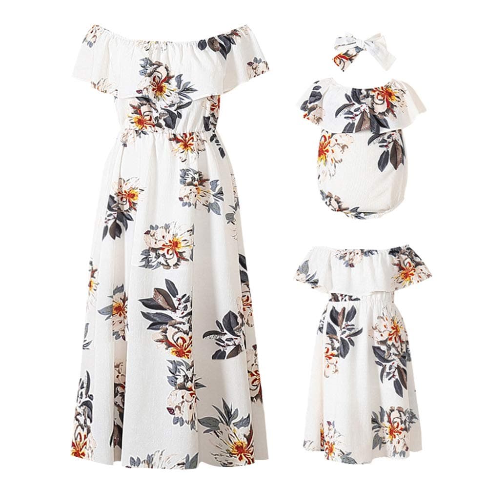PopReal Mommy and Me Dresses Floral Printed Chiffon Bowknot Ruffles Short Sleeve Beach Mom Daughter Matching Outfits