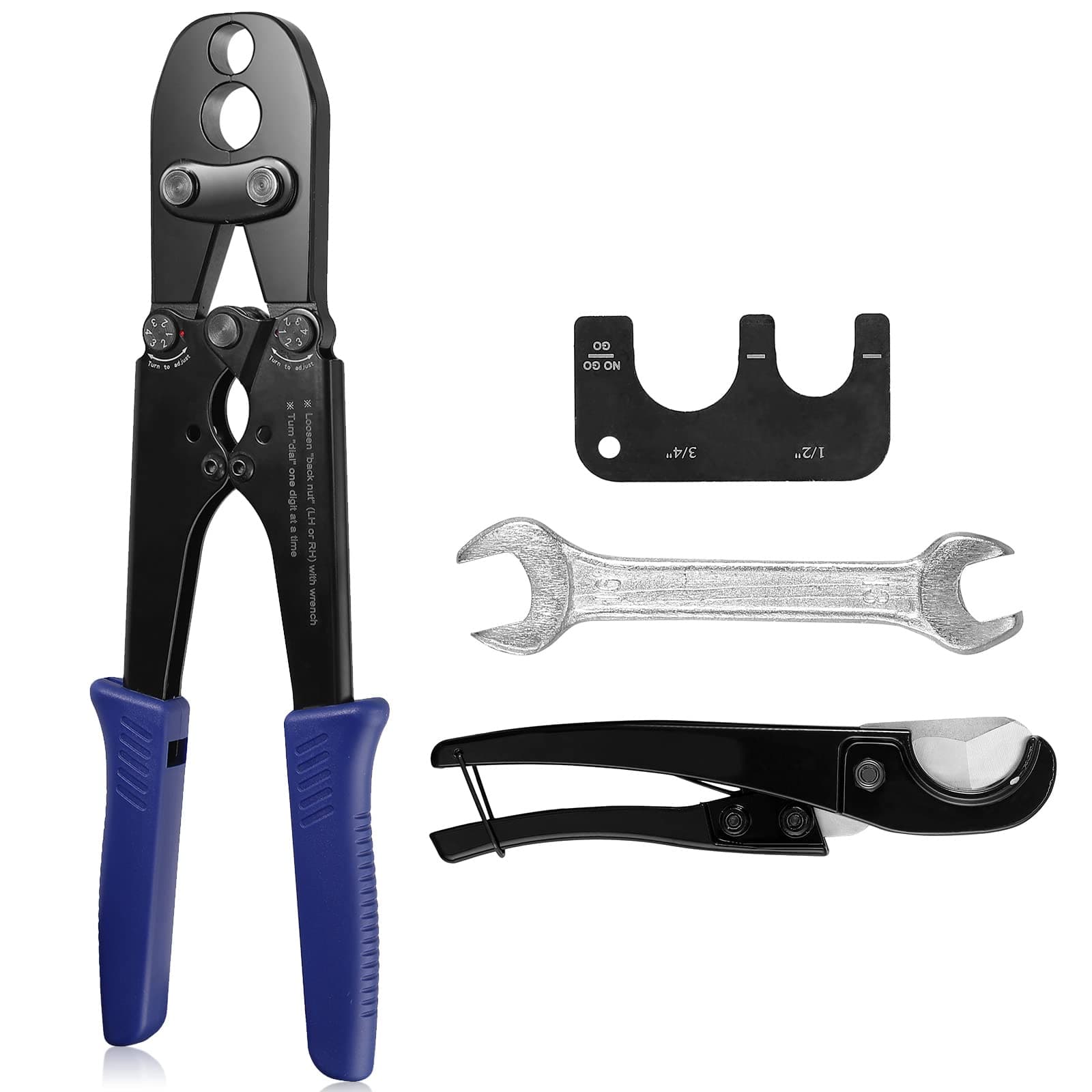 15 Inch PEX Crimping Cinch Tool Kit for 1/2" 3/4" Copper Ring with PEX Pipe Cutter and Gauge for Securing PEX Pipe Use