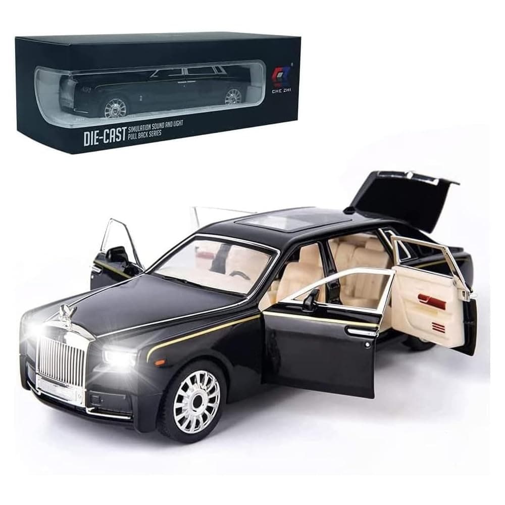 EROCK Exquisite car Model 1/24 Rolls-Royce Phantom Model Car,Zinc Alloy Pull Back Toy car with Sound and Light for Kids Boy Girl Gift. (Black)