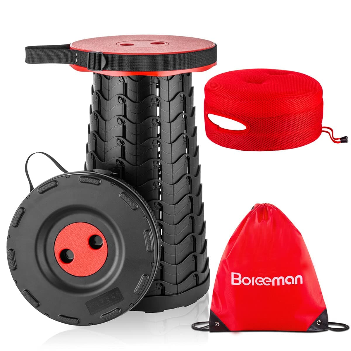 Boreeman Upgraded Folding Stool with Cushion Lightweight Yet More Sturdy with Load Capacity 400lbs Portable Collapsible Stool Retractable Stool for Camping Fishing Hiking BBQ (Red)