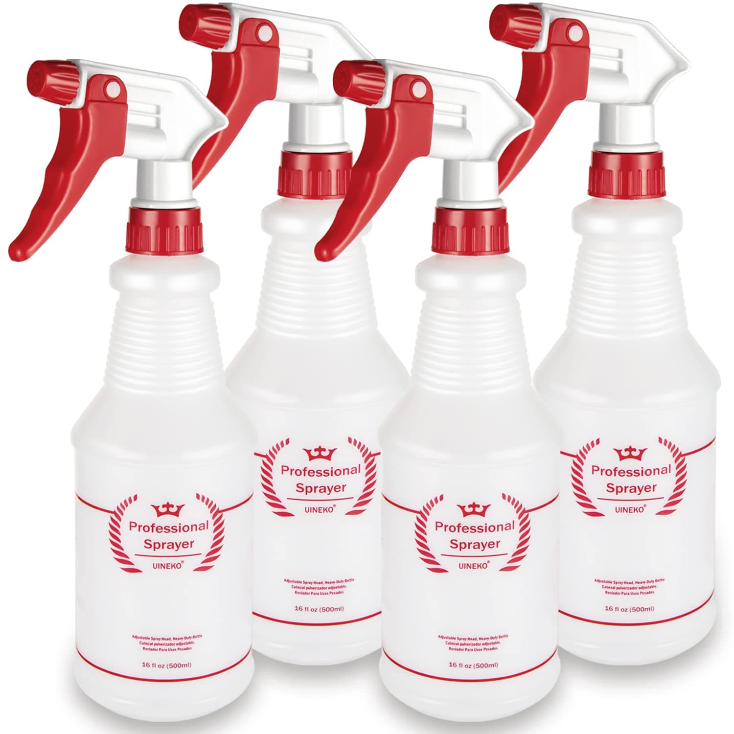 Uineko Plastic Spray Bottle (4 Pack, 16 Oz, All-Purpose) Heavy Duty Spraying Bottles Leak Proof Mist Empty Water Bottle for Cleaning Solution Planting Pet with Adjustable Nozzle and Measurements