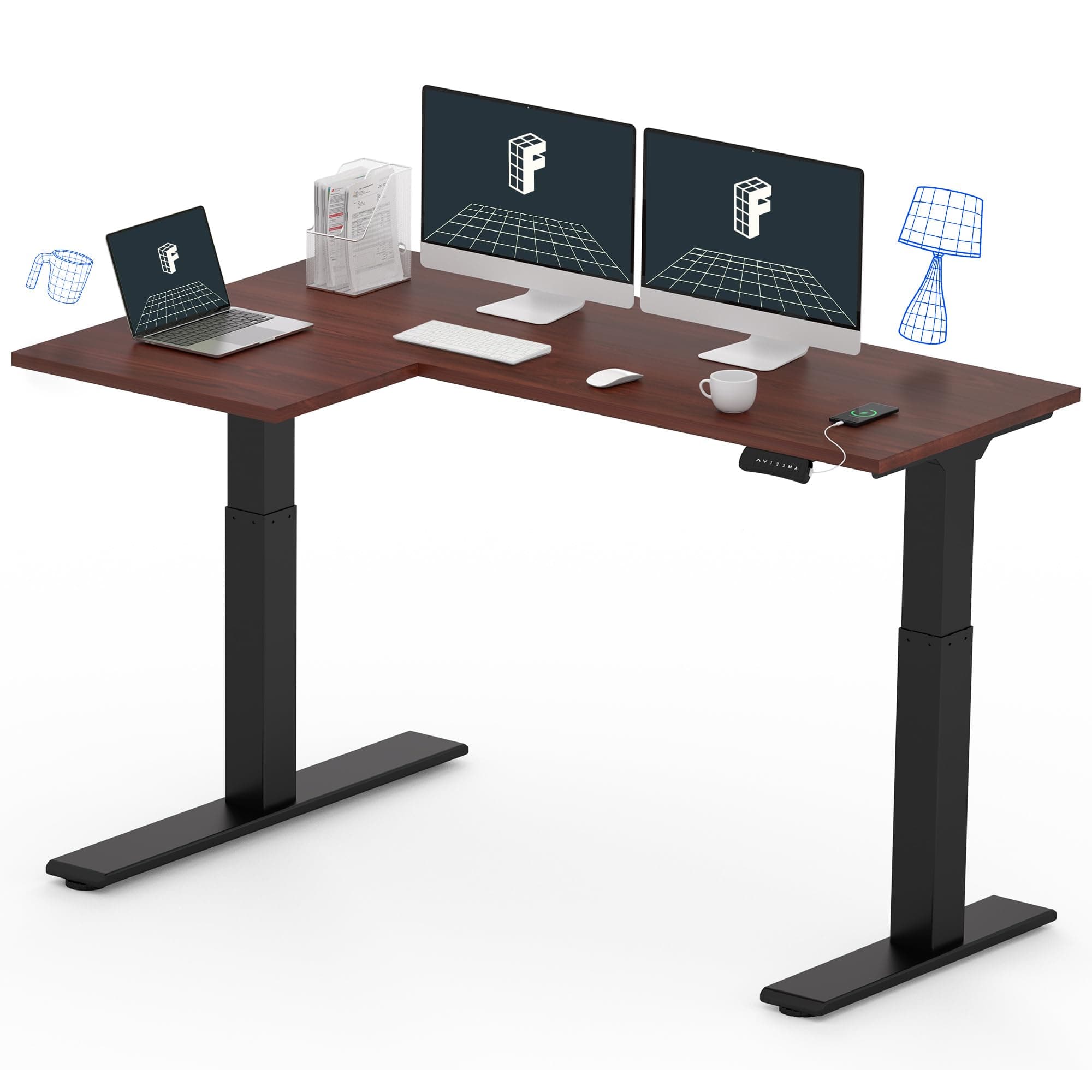 FLEXISPOT 63 inch L-Shaped Standing Desk, Electric Height Adjustable Desk, Sit Stand Large Corner Desk, Memory Preset Controller, Modern Design, Black Frame + Mahogany Top