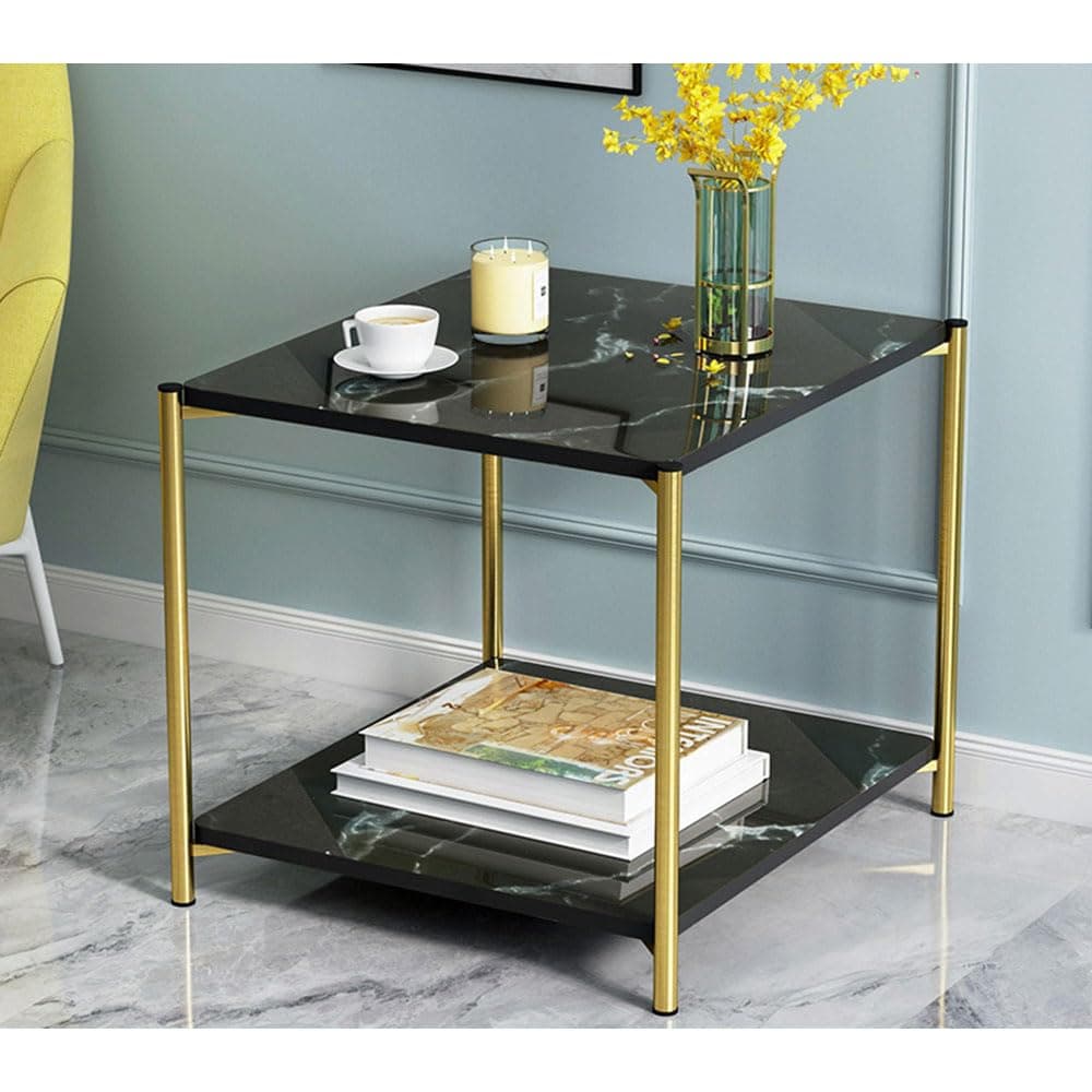 IEW End Table, Round Coffee Table with Square Storage Rack, Stylish Sofa Side Table Tea Table for Living Room, Metal Frame Bed Beside Nightstand for Bedroom, Small Snack Desk for Home Office (Black 2)