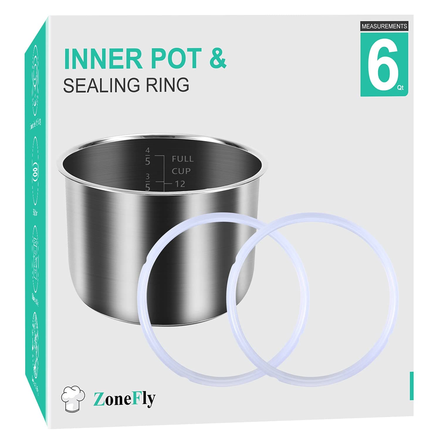 ZoneFly Original 6 Qt Power Cooker XL Replacement Inner Pot with 2 Pack Sealing Ring for Power Pressure Cooker PPC770 PPC771 PPC770-1 PRO PCXL-PRO6 PCTR-16 YBD60-100 WAL1 WAL2