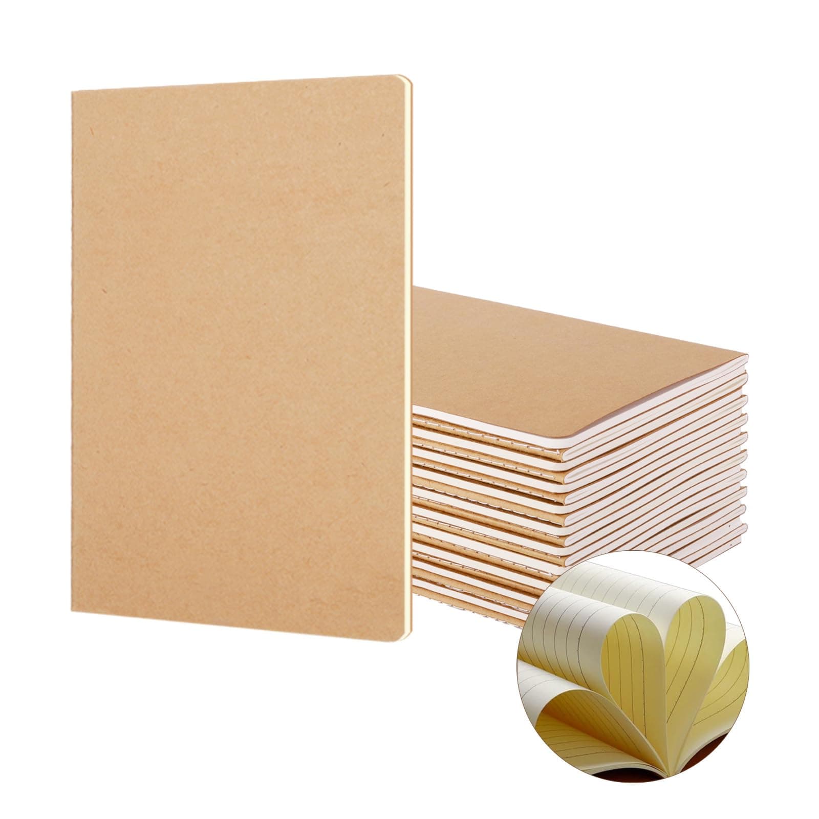 YBCPACK 20 Pack A5 Lined Notebooks, Kraft Brown Cover Journal Notebook Bulk，Memo Diary Subject Notebooks for Students, Travelers, Office-60 Lineded Pages/30 Sheets