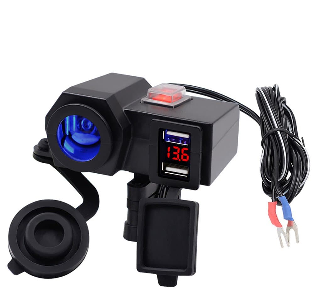 iMESTOU Waterproof Motorcycle 12V Cigarette Lighter Socket 5V 2.1A Dual USB Phone Charger Power Adapter with Voltmeter Mount on Handlebar for Phones/Tablets/GPS