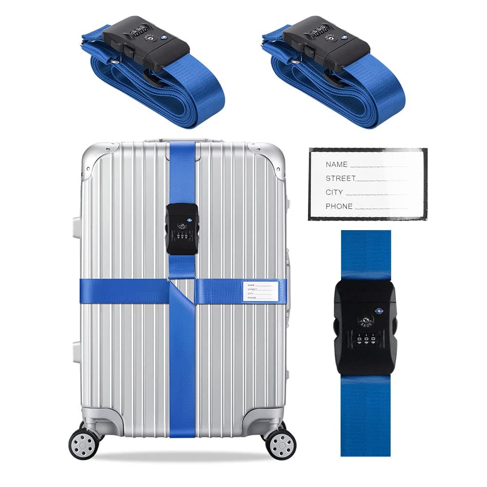 Veki Cross Luggage Straps Set TSA Approved with Lock Adjustable Travel Suitcase Belts Suitcase Tags with Name ID Card Packing Straps for Suitcases Strap Travel Accessories (Blue*2pcs)